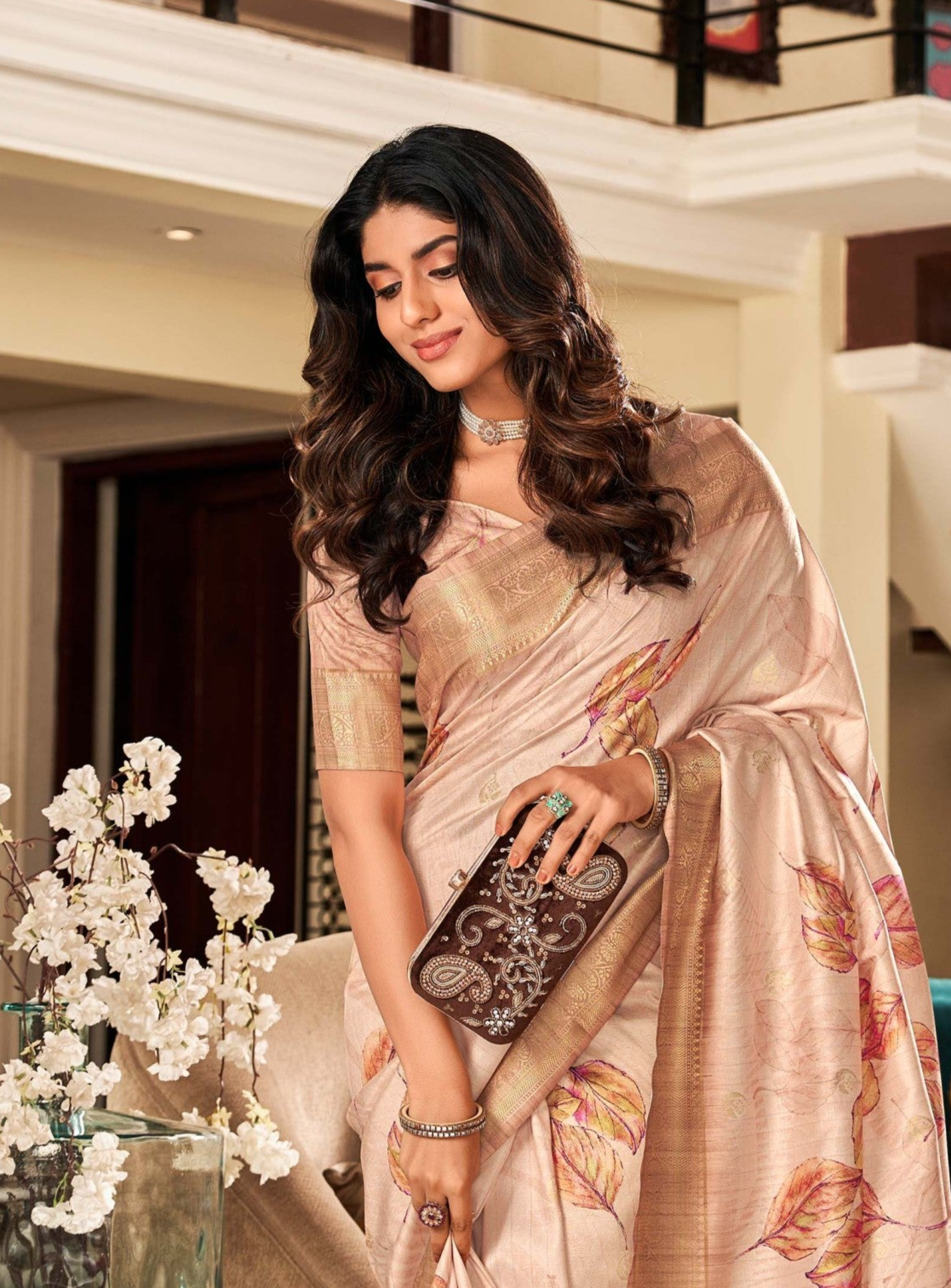 Parchment Beige Digital Printed Soft Silk Saree