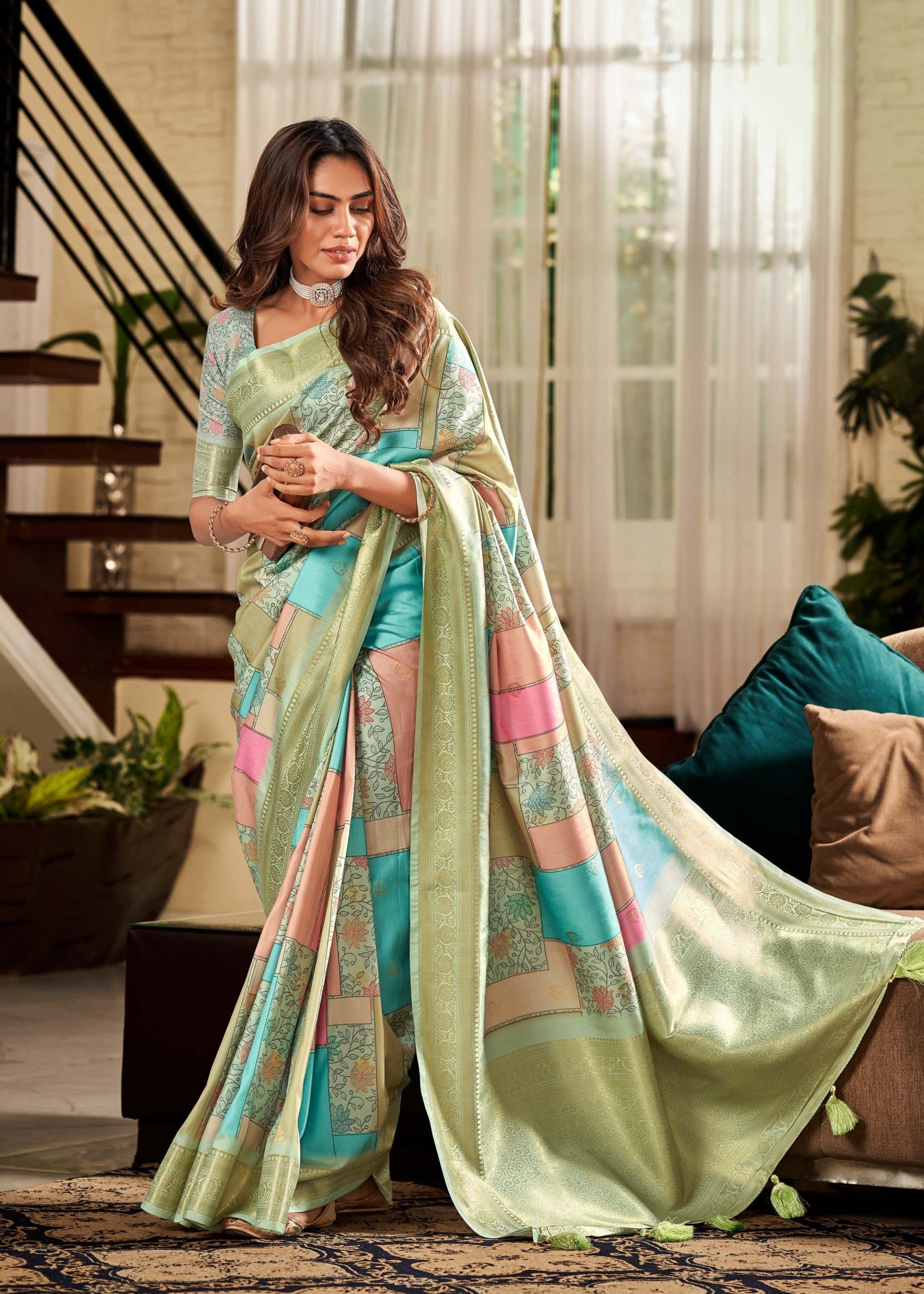 Enchanted Ivy Green Digital Printed Soft Silk Saree