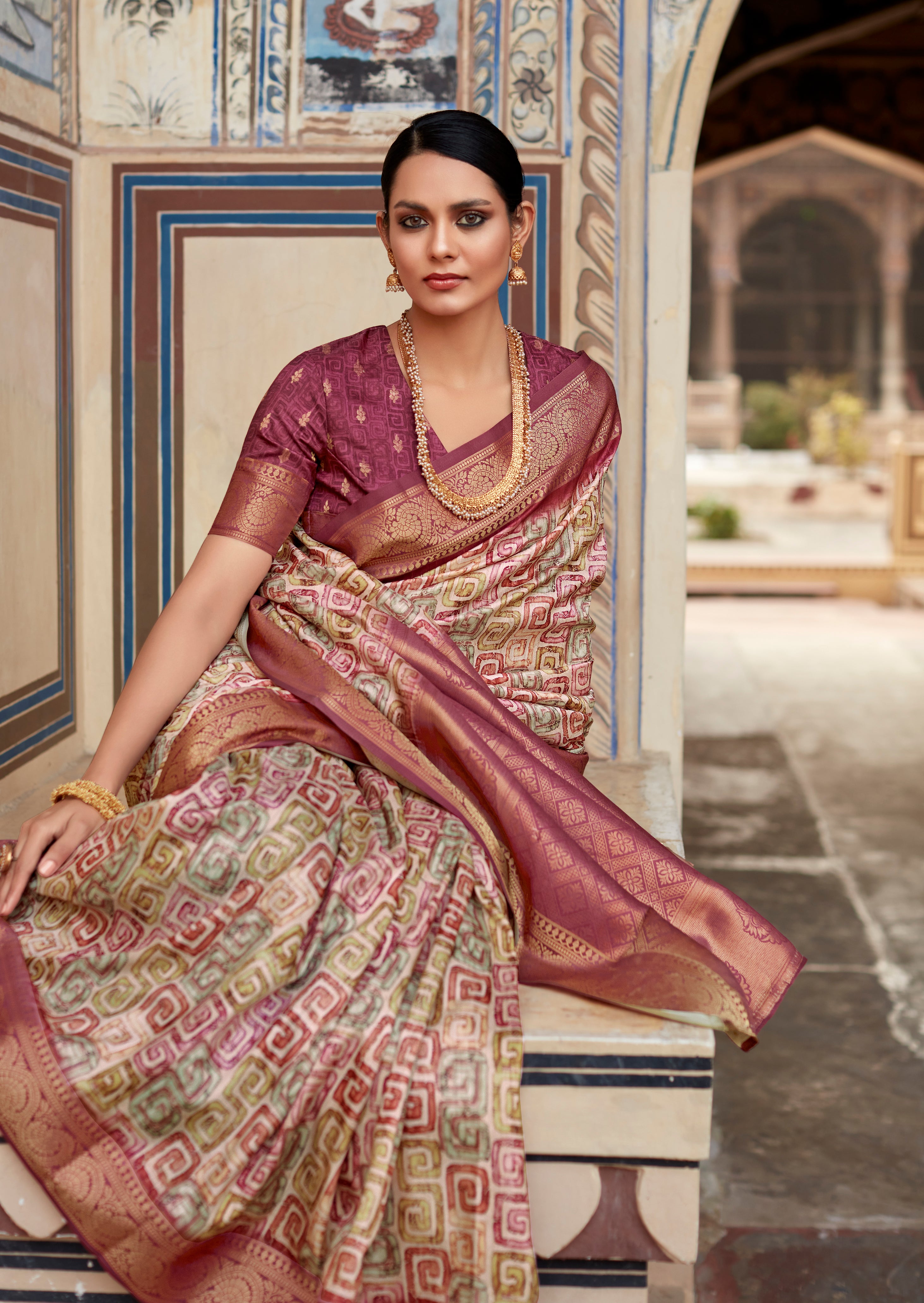 Fallow Brown Banarasi Printed Silk Saree