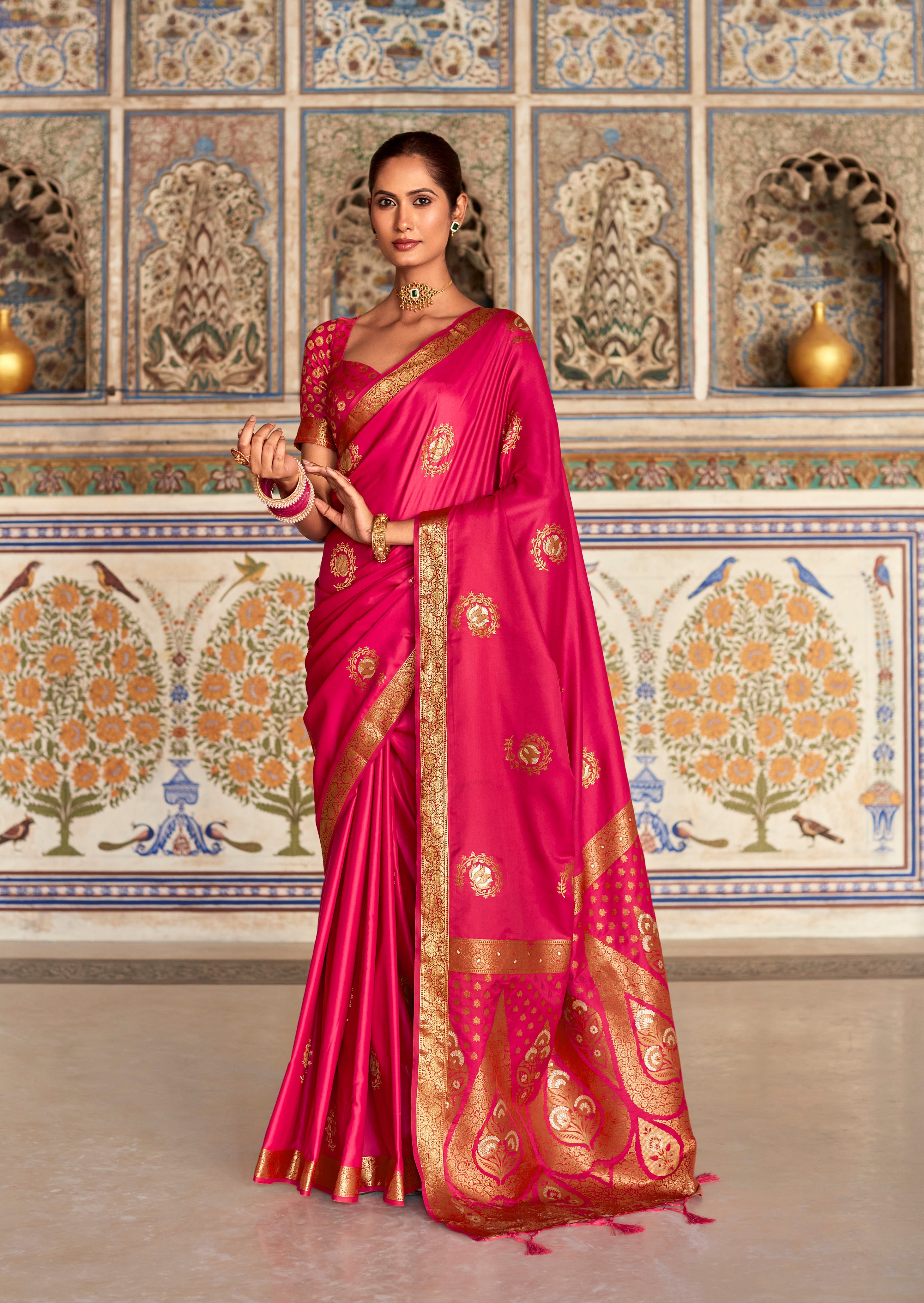 Regal Rose Pink Woven Banarasi Satin Silk Saree with Brocade Blouse