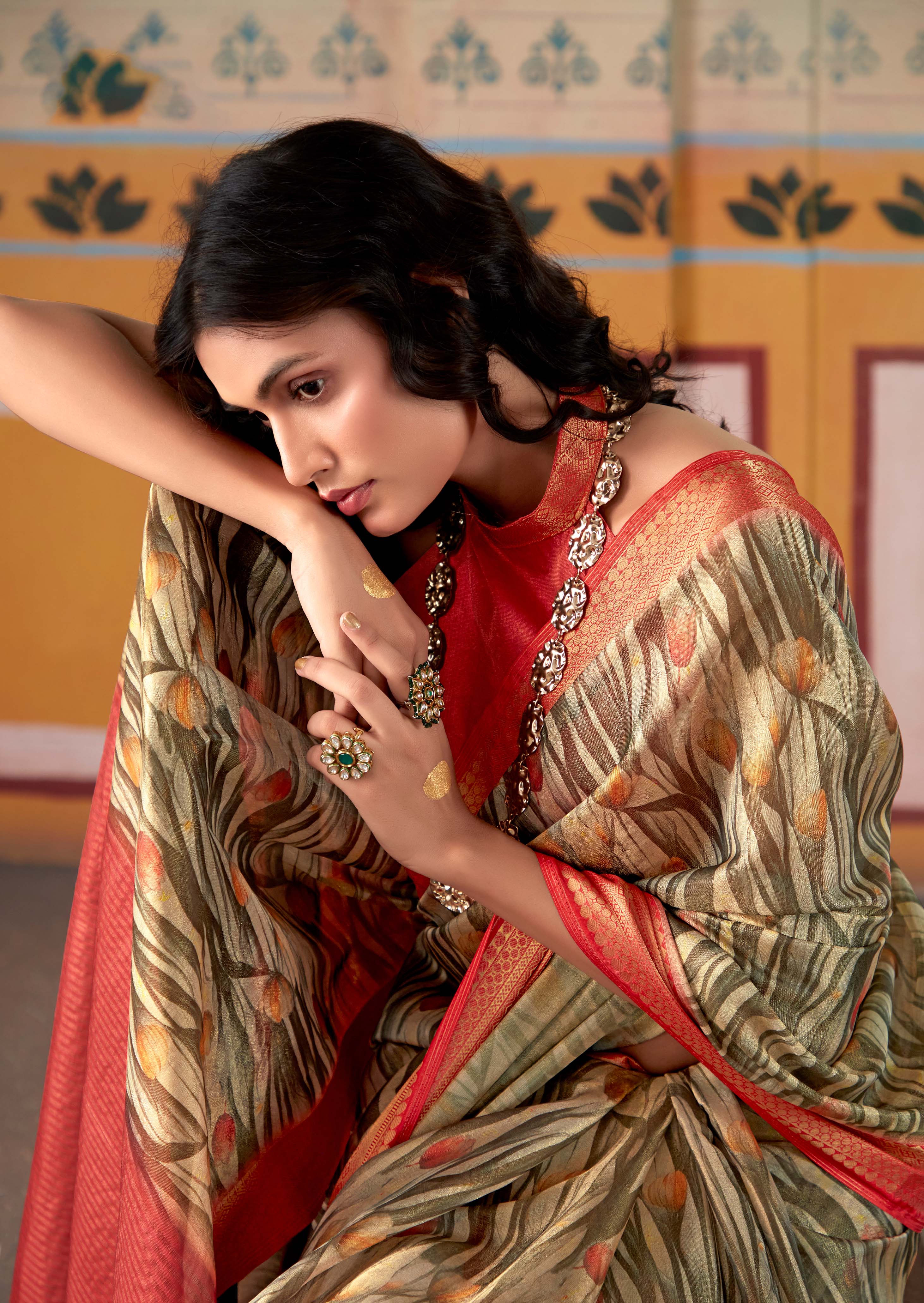 Earthy Brown and Red Banarasi Tissue Silk Saree