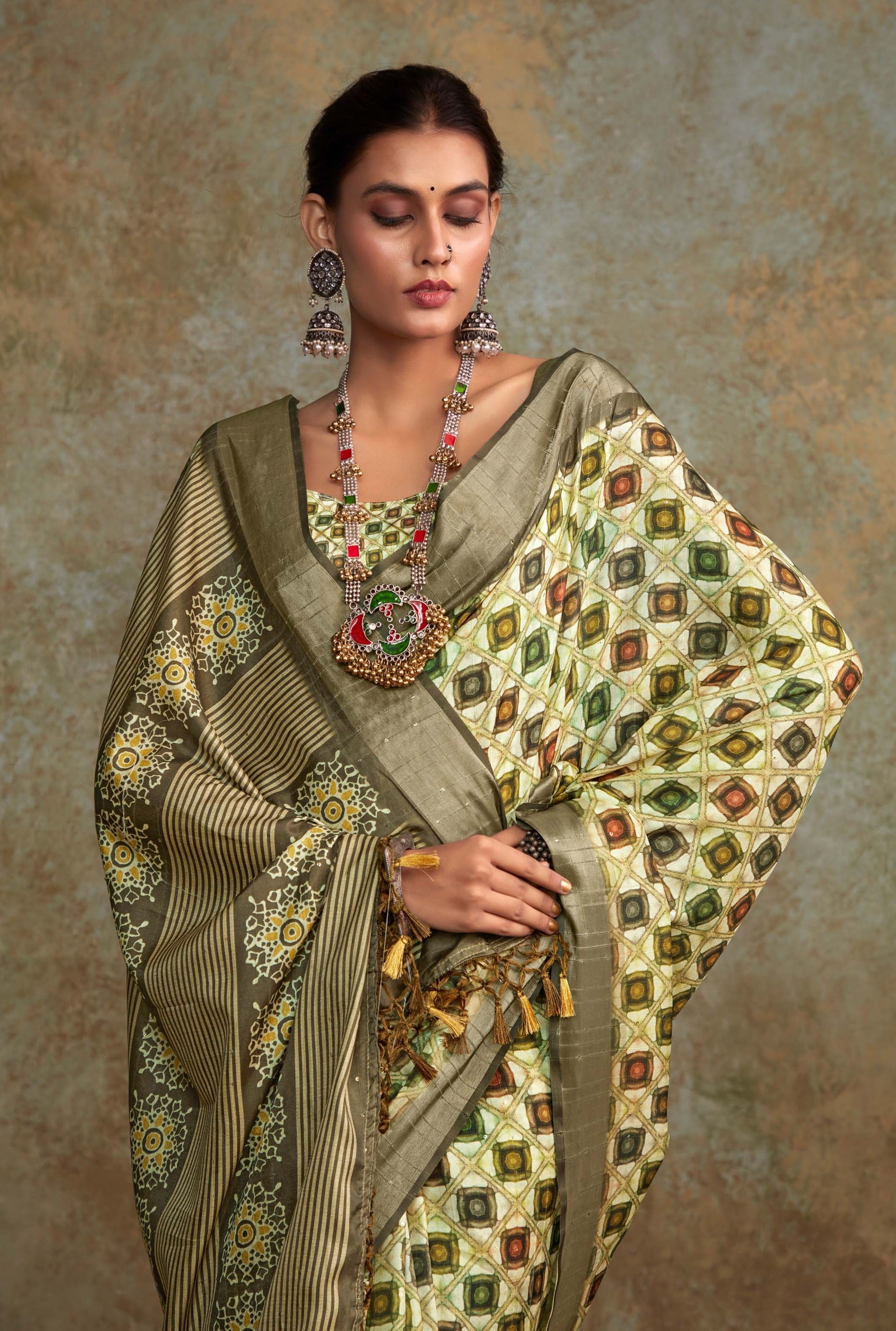 Elegant Olive Green Banarasi Digital Printed Saree