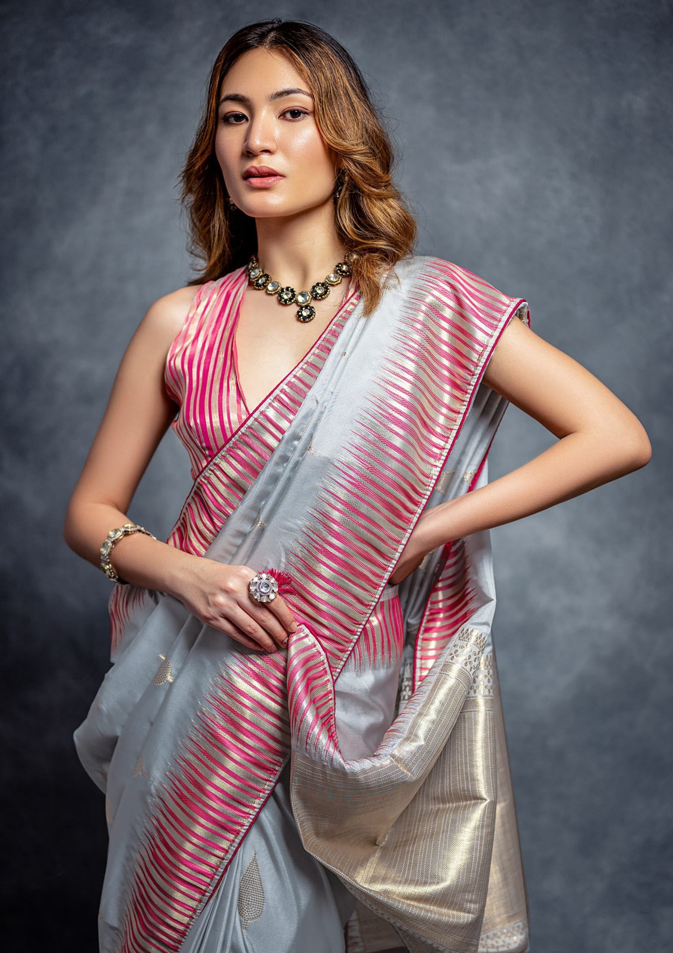 Silver Mist Grey Zari Weaving Cotton Silk Saree