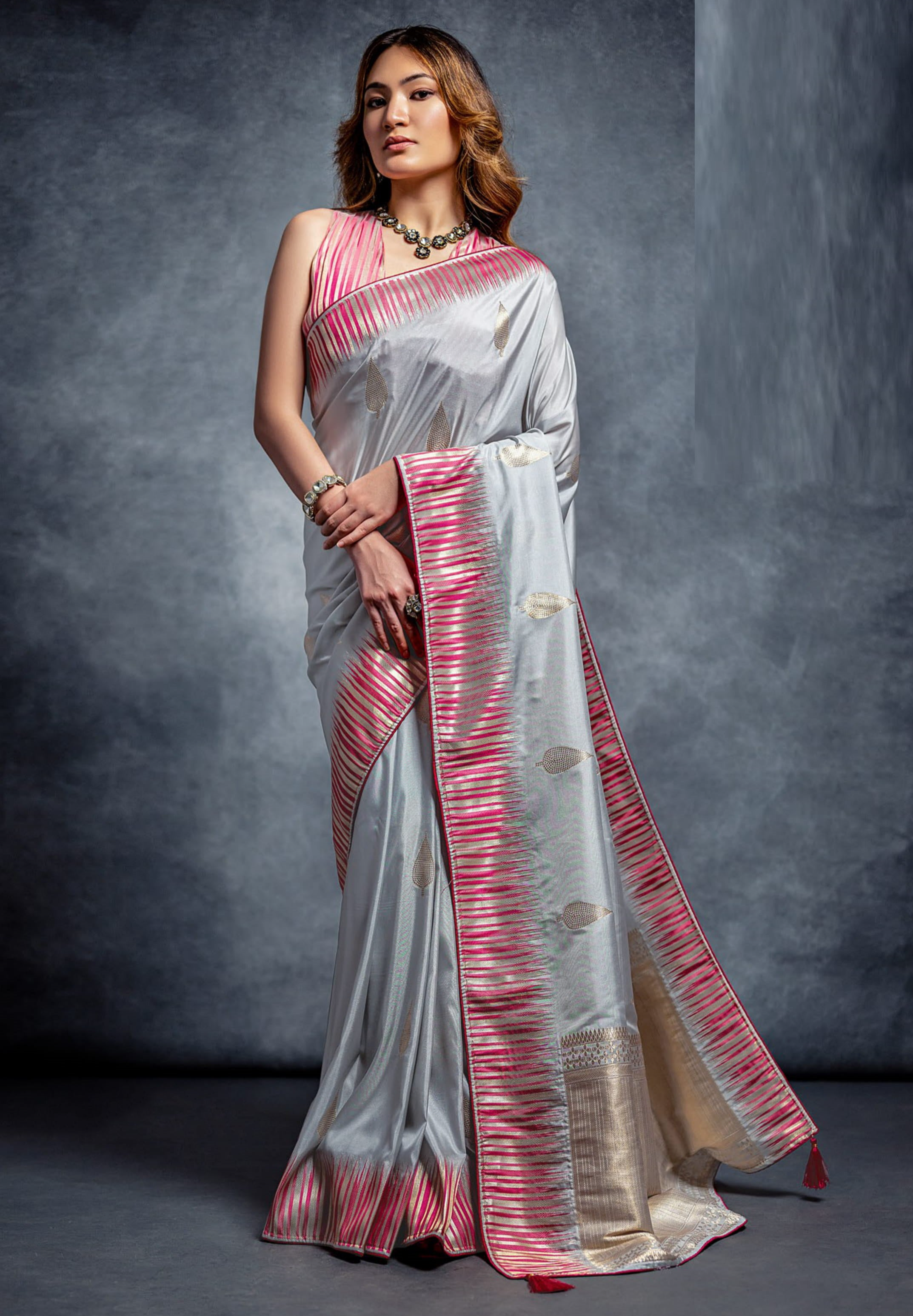 Silver Mist Grey Zari Weaving Cotton Silk Saree