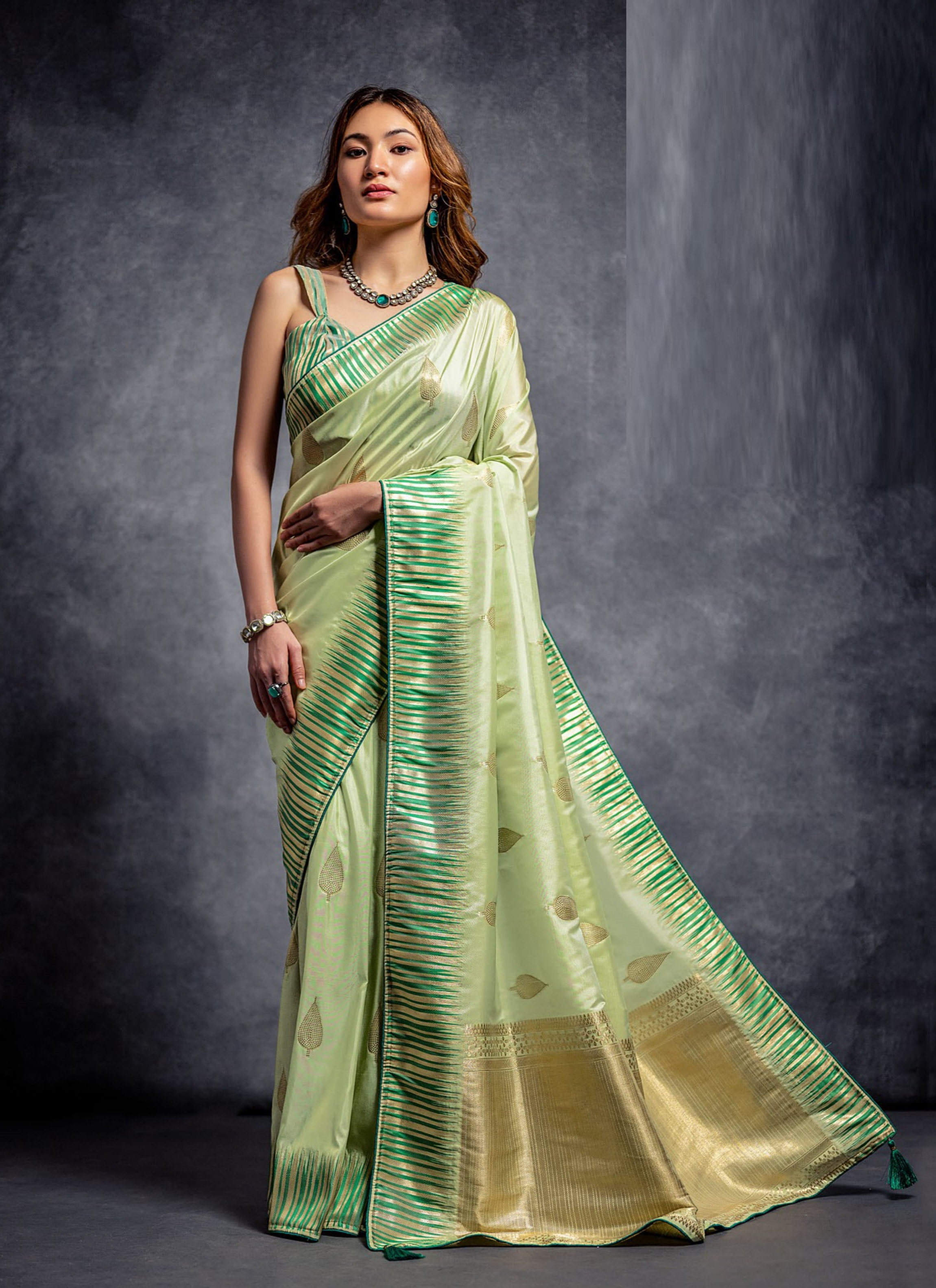 Majestic Mint Green Zari Weaving Cotton Silk Saree