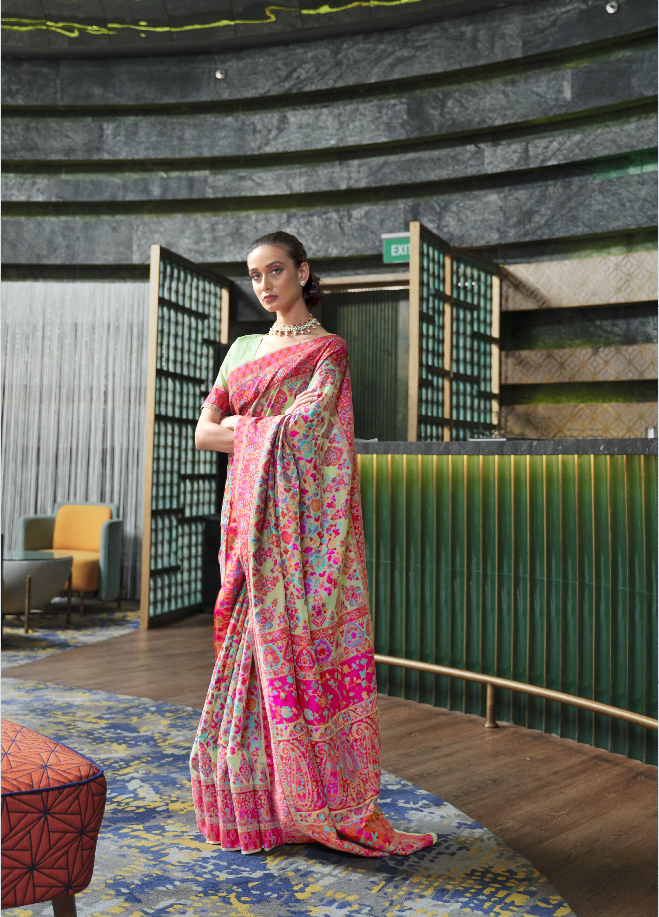 Sprout Green Kashmiri Jamewar Handloom Saree