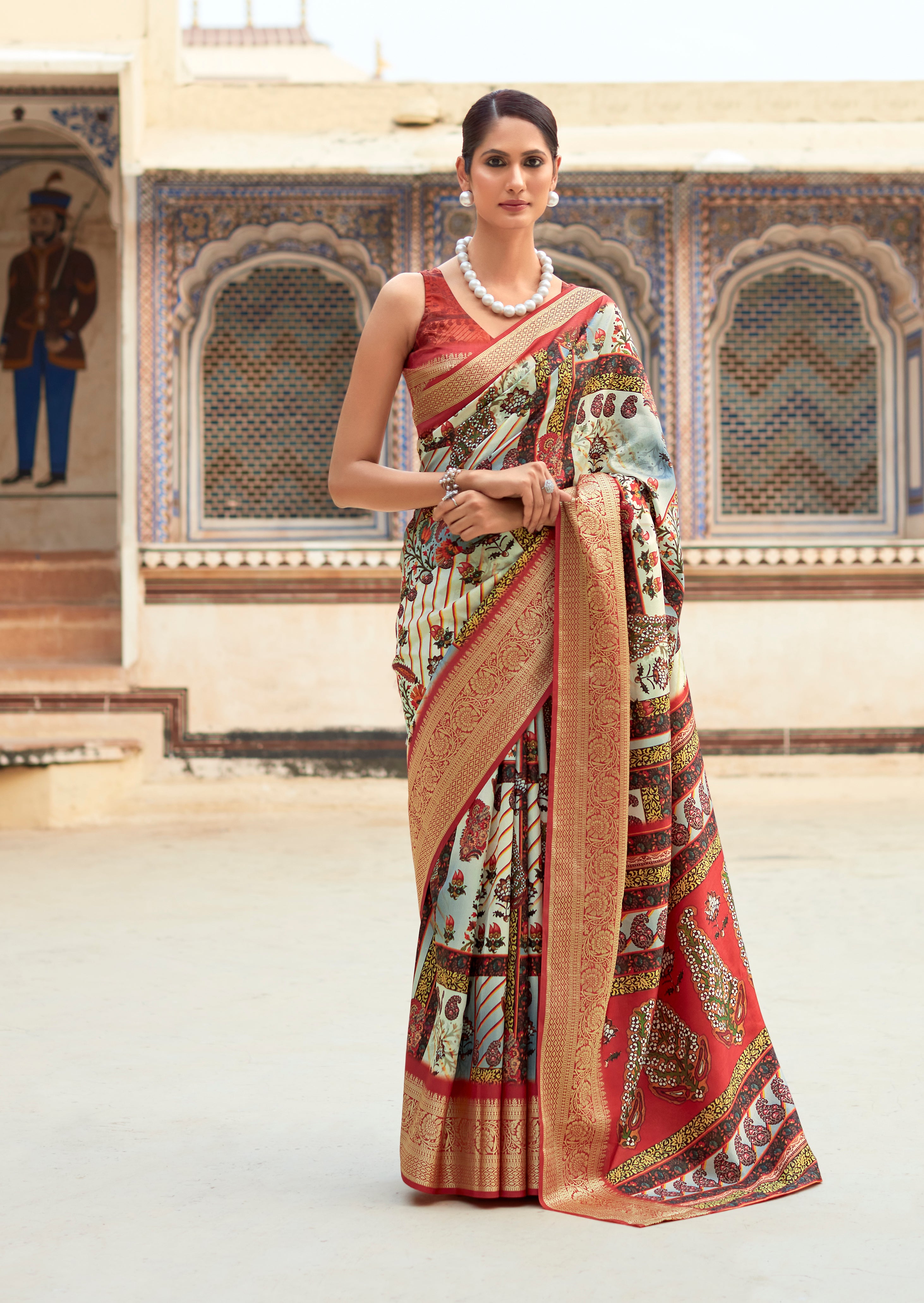 Multicolor Blue Banarasi Printed Silk Saree