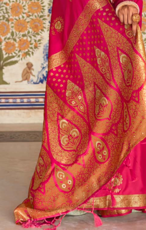 Regal Rose Pink Woven Banarasi Satin Silk Saree with Brocade Blouse