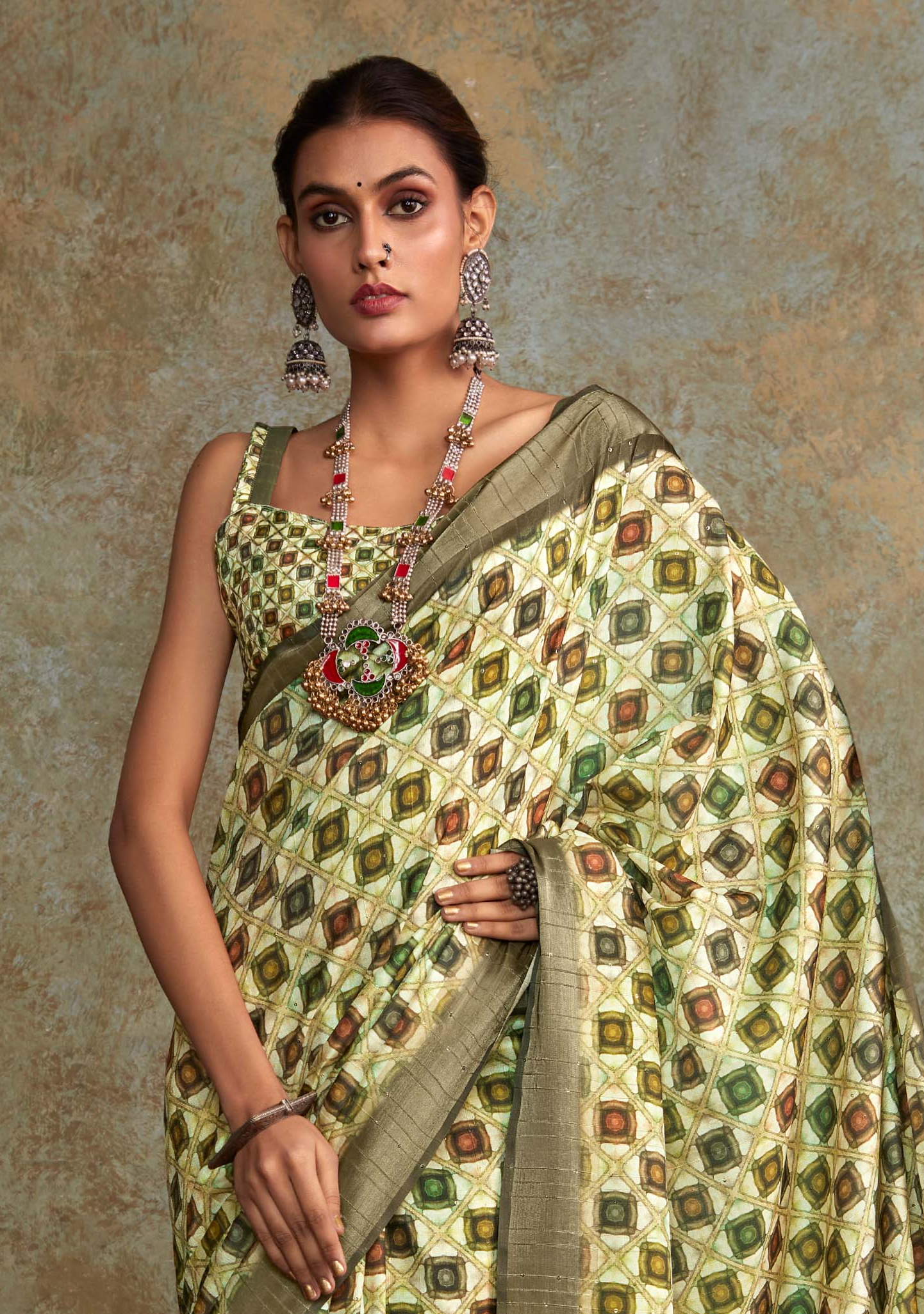 Elegant Olive Green Banarasi Digital Printed Saree