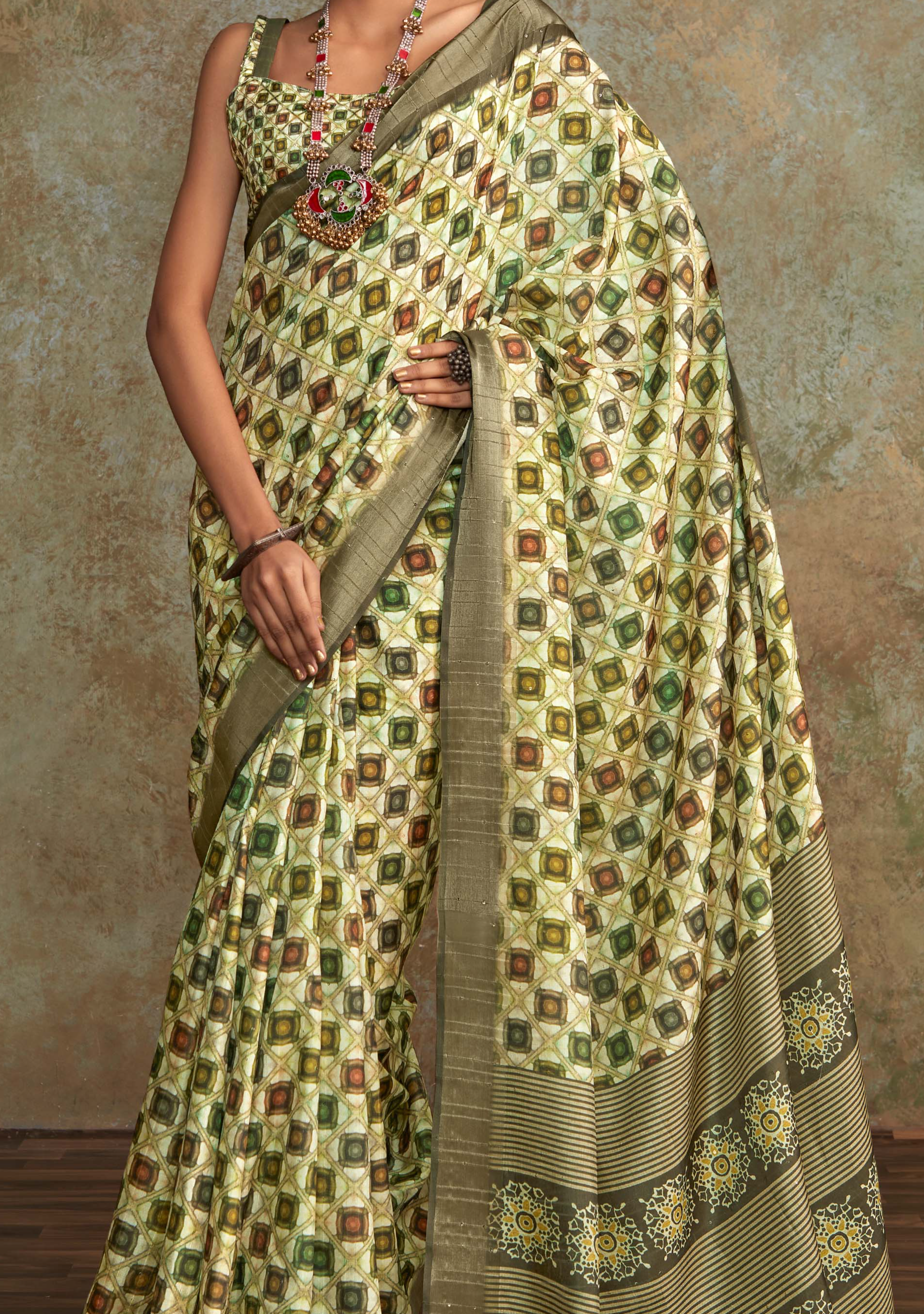 Elegant Olive Green Banarasi Digital Printed Saree