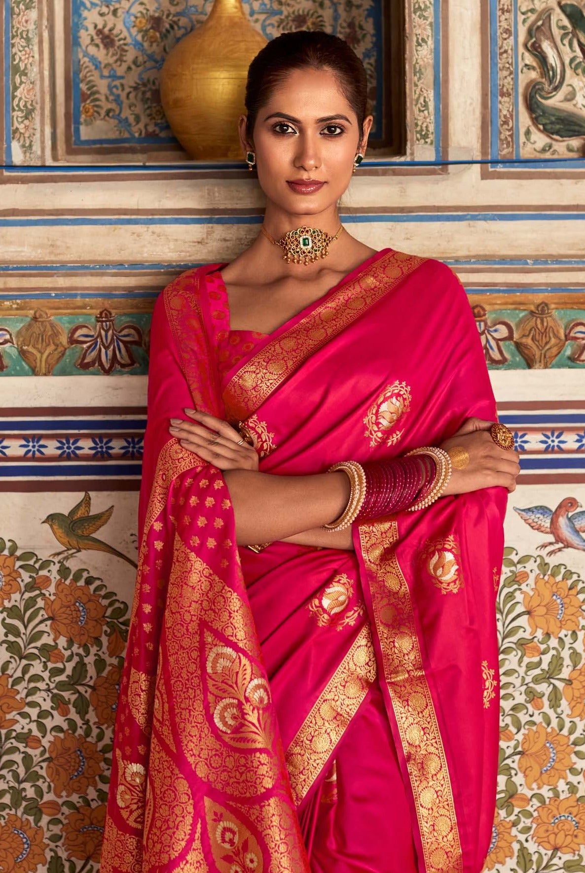 Regal Rose Pink Woven Banarasi Satin Silk Saree with Brocade Blouse