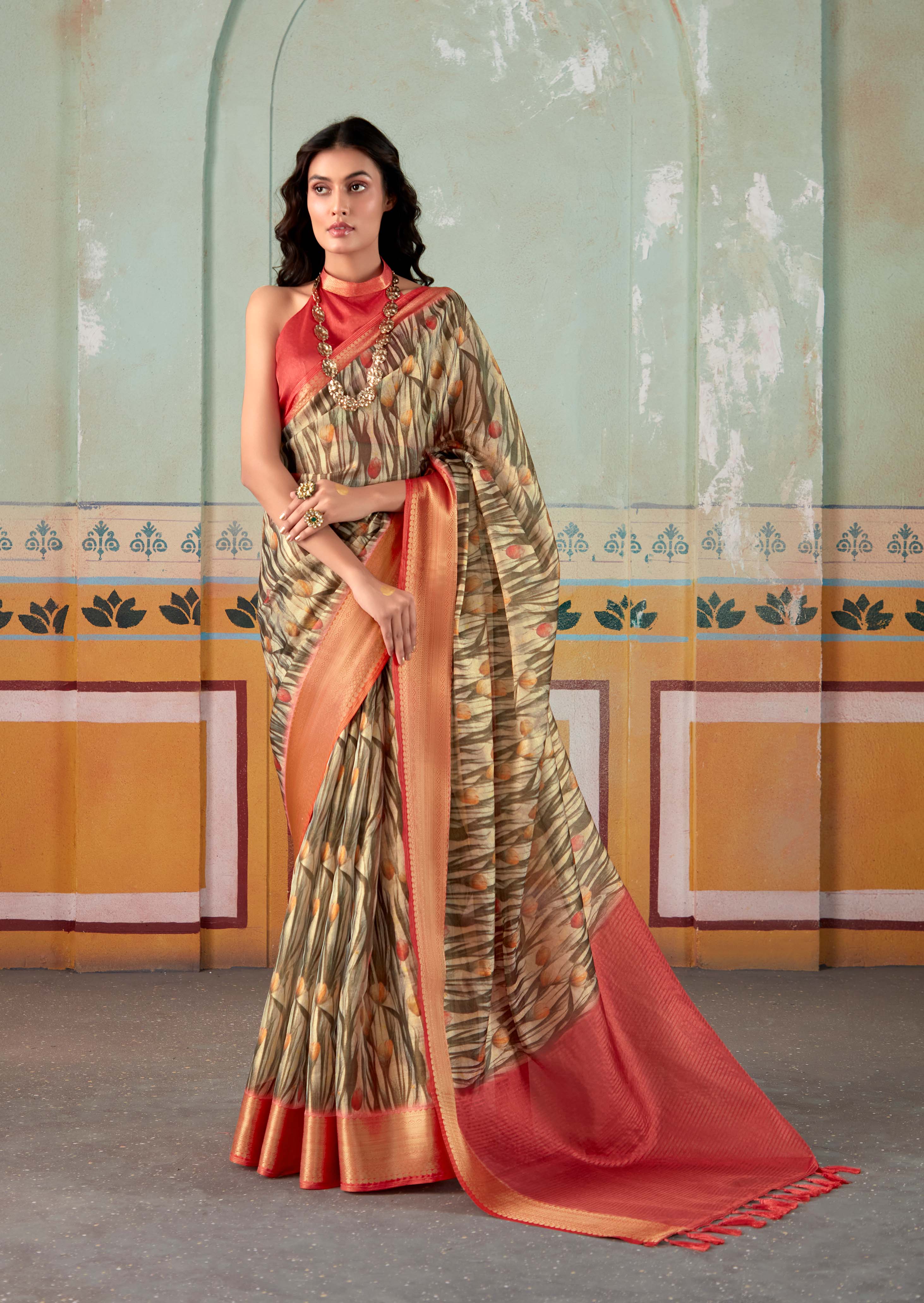 Earthy Brown and Red Banarasi Tissue Silk Saree