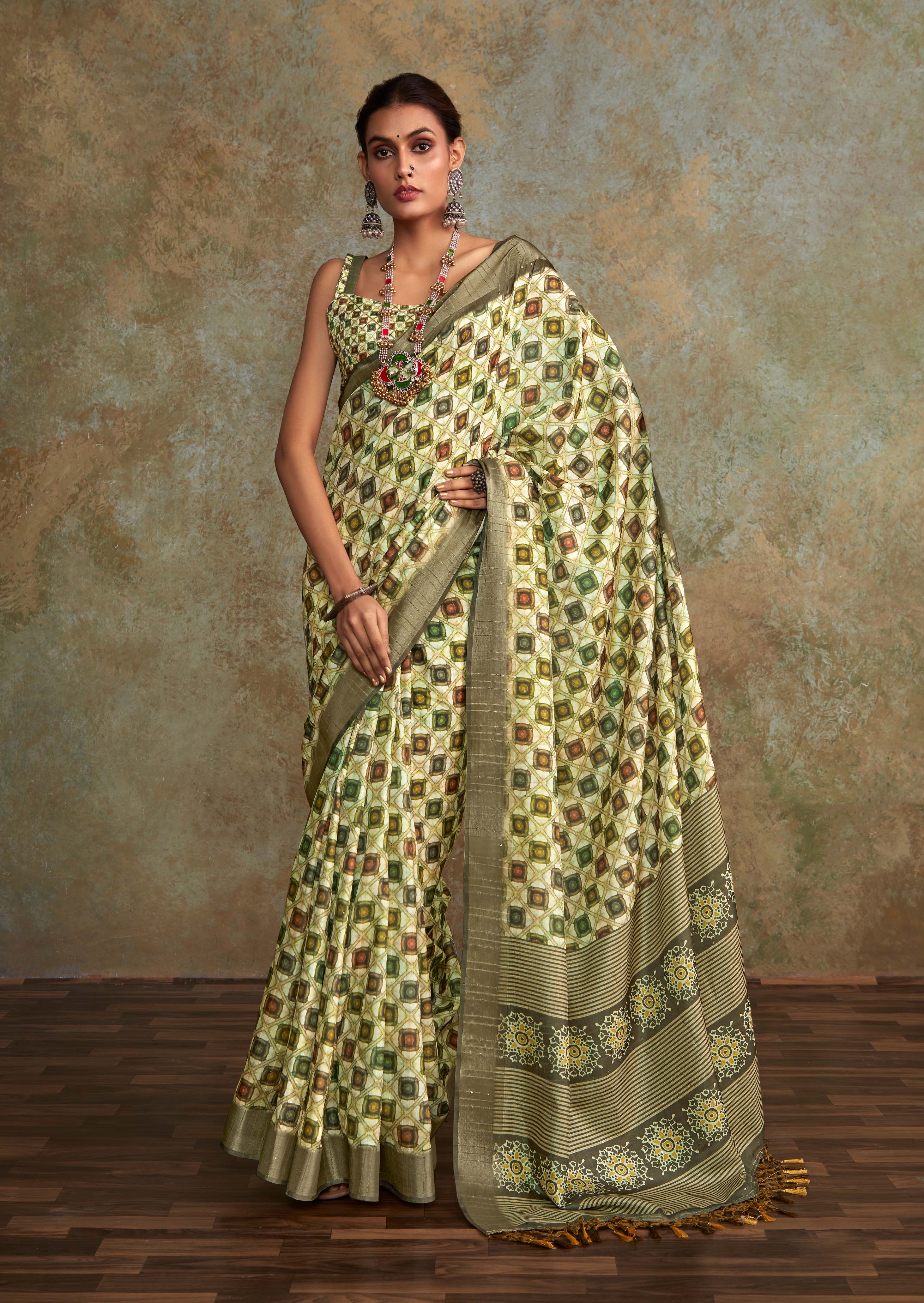 Elegant Olive Green Banarasi Digital Printed Saree