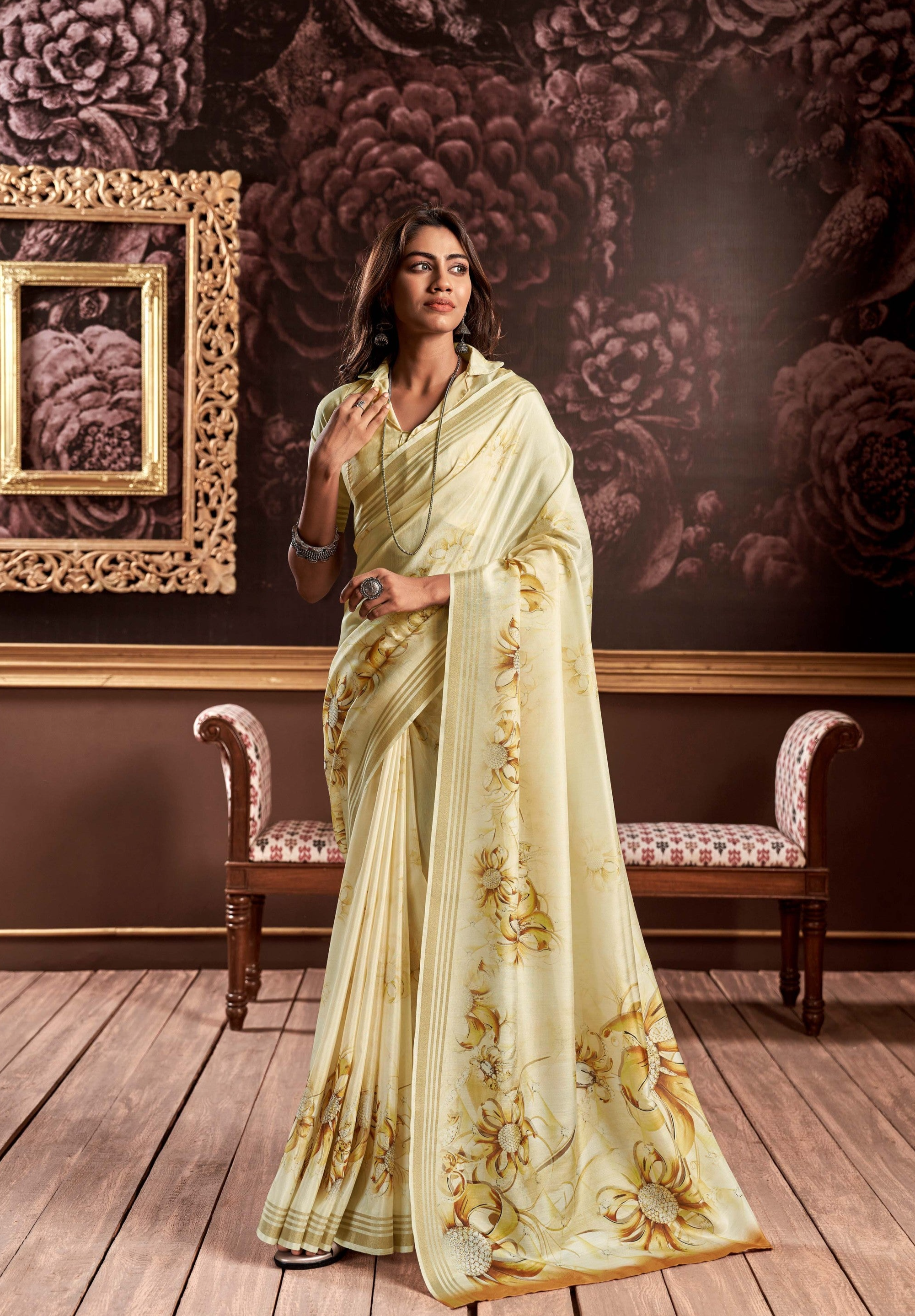 Caper Yellow Floral Digital Print Satin Silk Saree