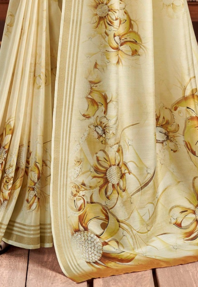 Caper Yellow Floral Digital Print Satin Silk Saree