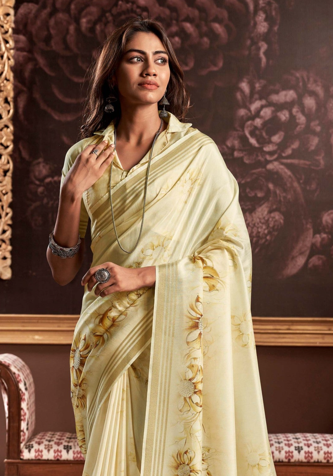 Caper Yellow Floral Digital Print Satin Silk Saree