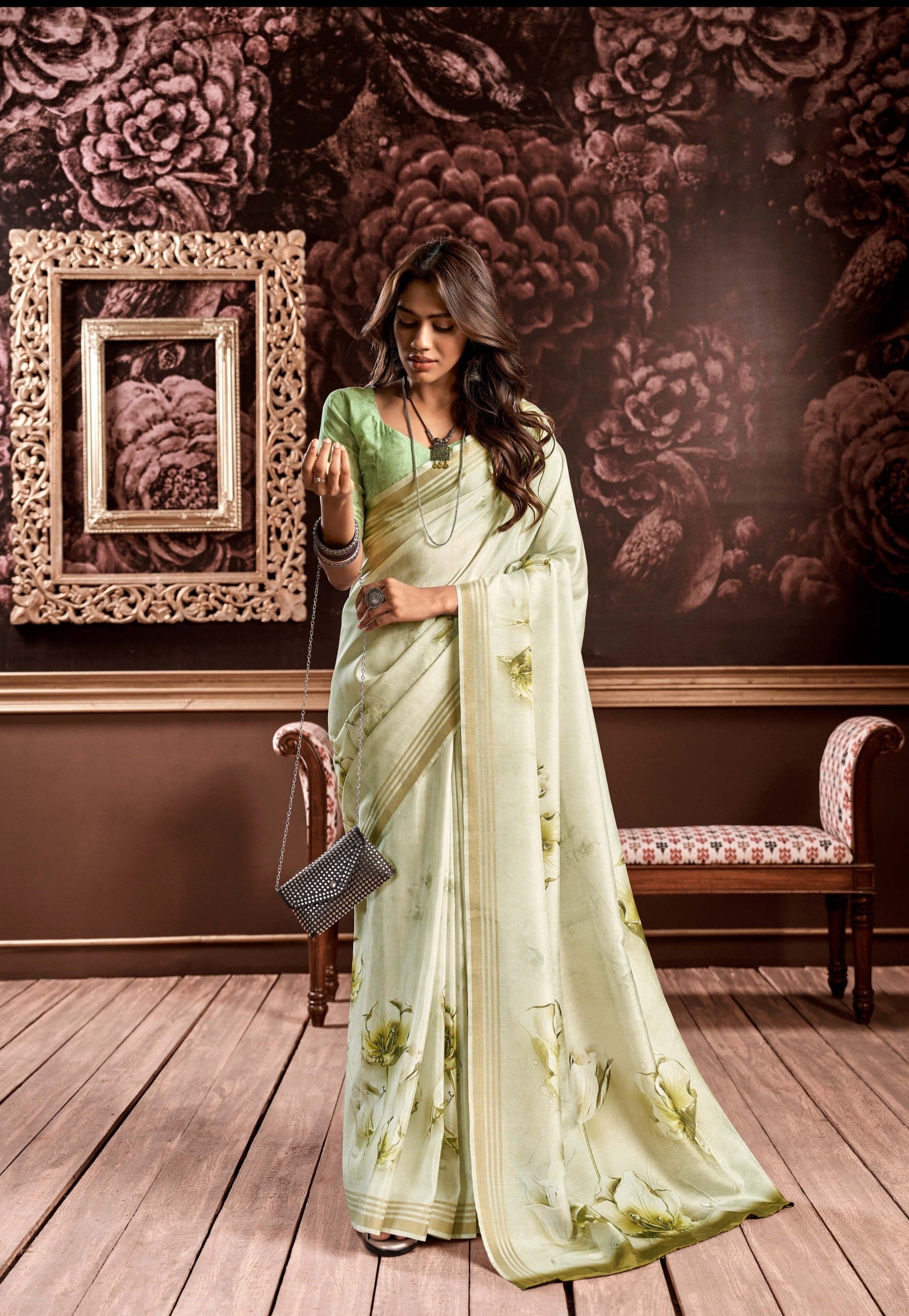 Green Hellebore Floral Digital Print Satin Silk Saree