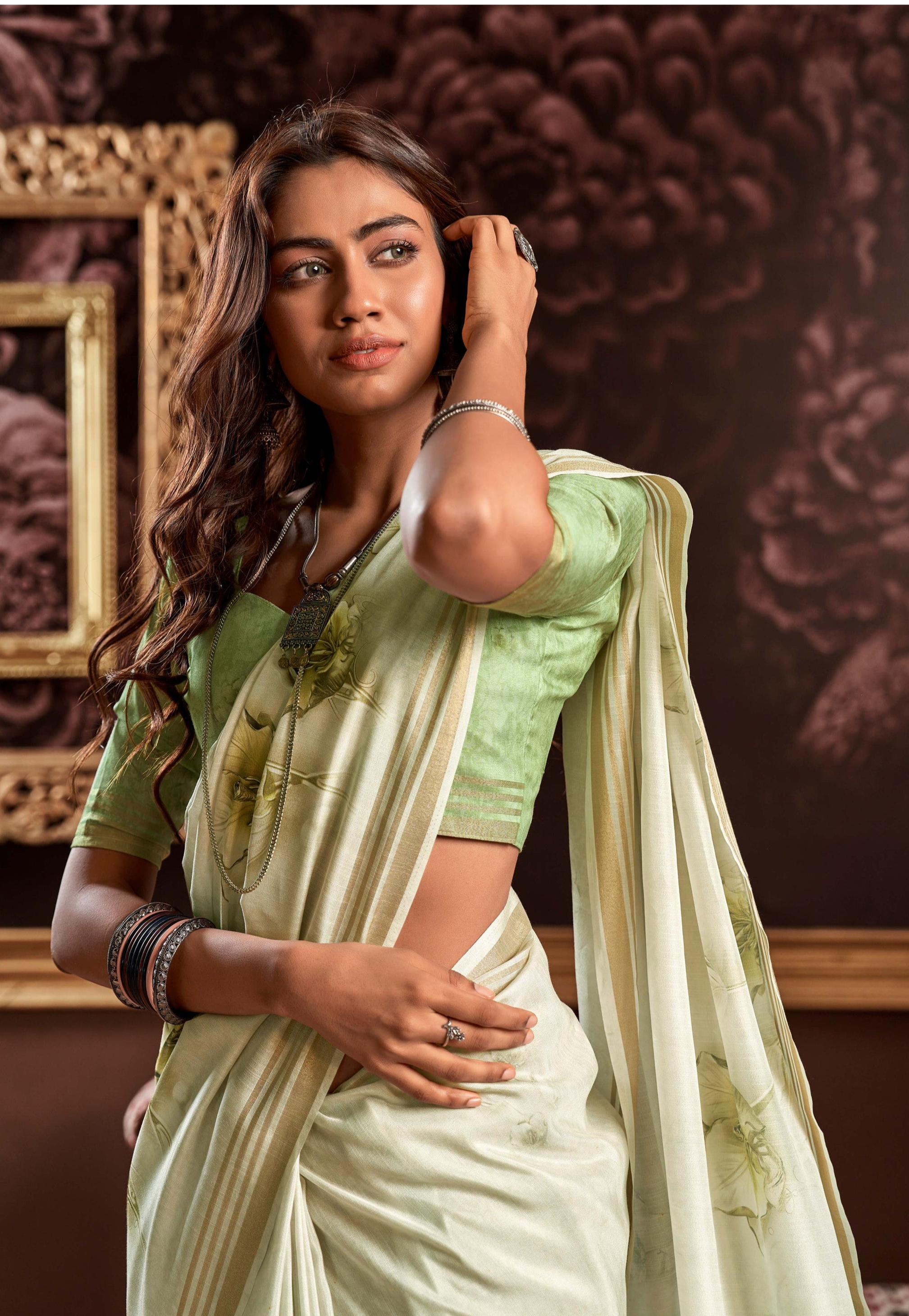 Green Hellebore Floral Digital Print Satin Silk Saree