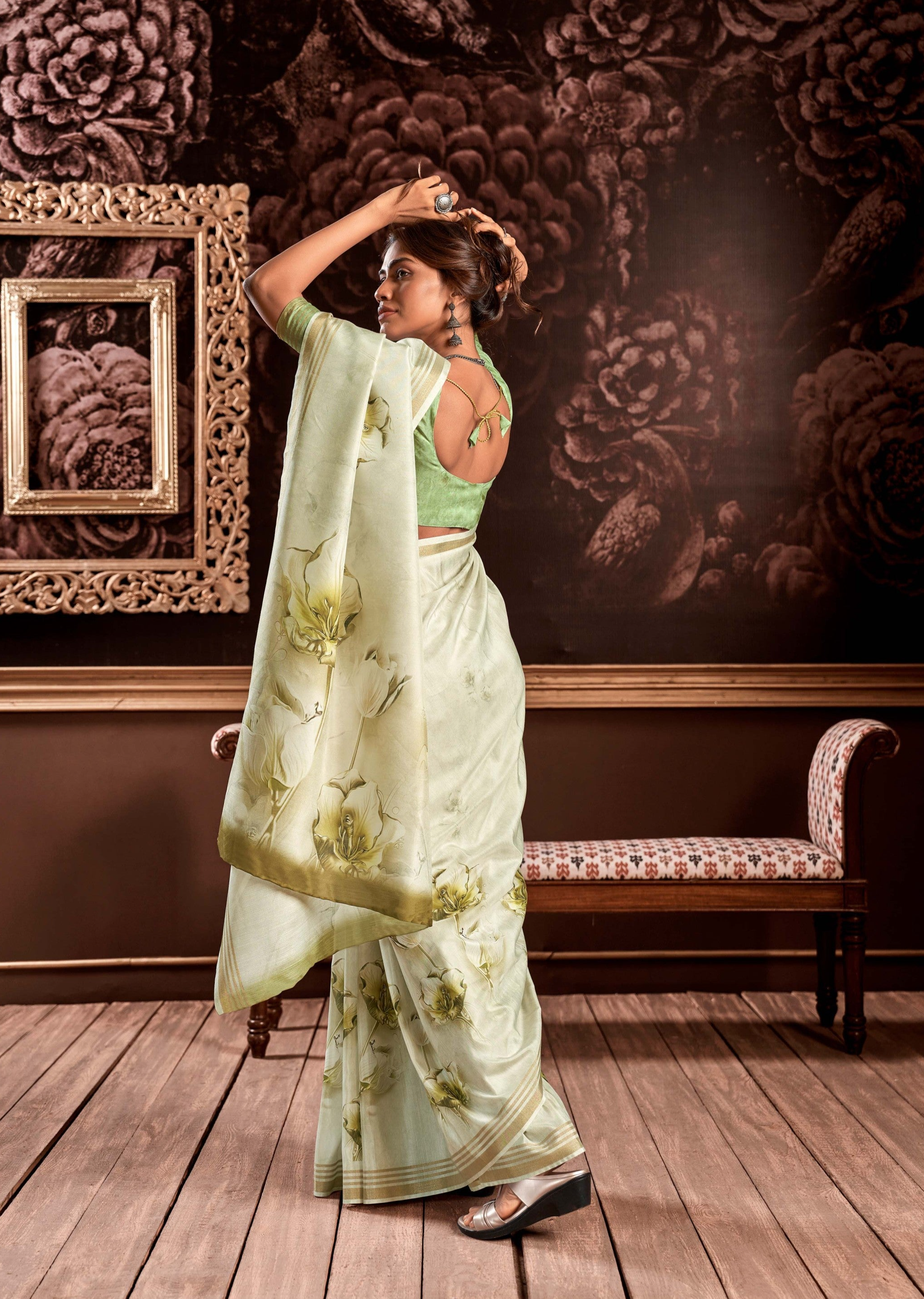 Green Hellebore Floral Digital Print Satin Silk Saree