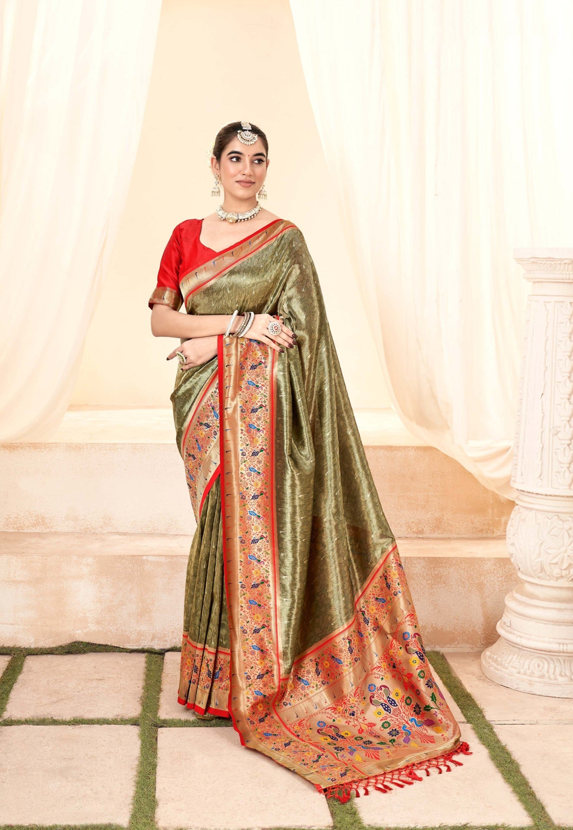 Elegant Olive Green Zari Woven Banarasi Silk Saree