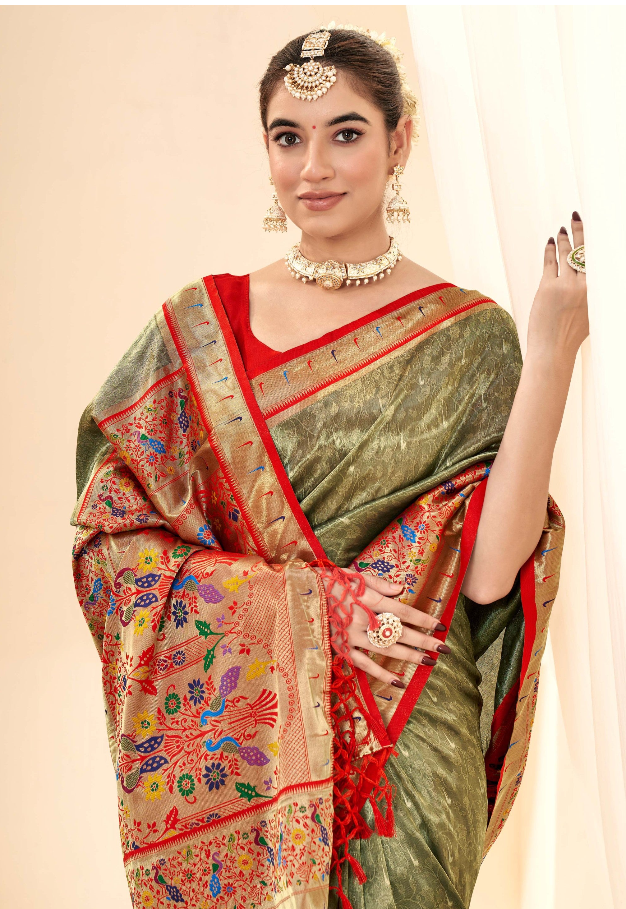 Elegant Olive Green Zari Woven Banarasi Silk Saree