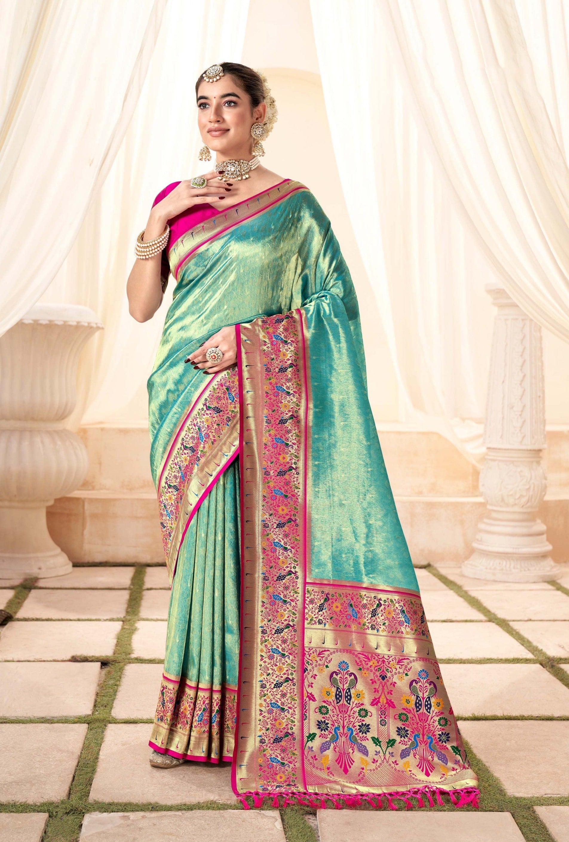 Exquisite Turquoise Zari Woven Banarasi Silk Saree