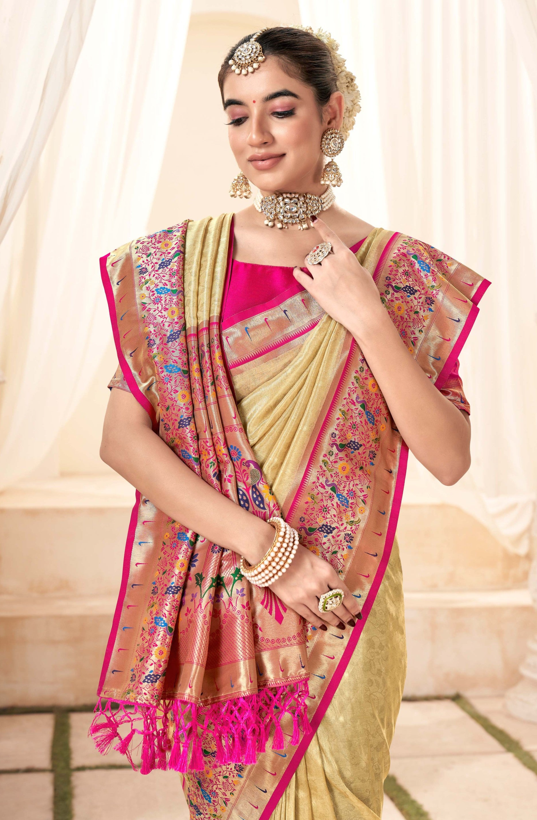 Elegant Beige Zari Woven Banarasi Silk Saree