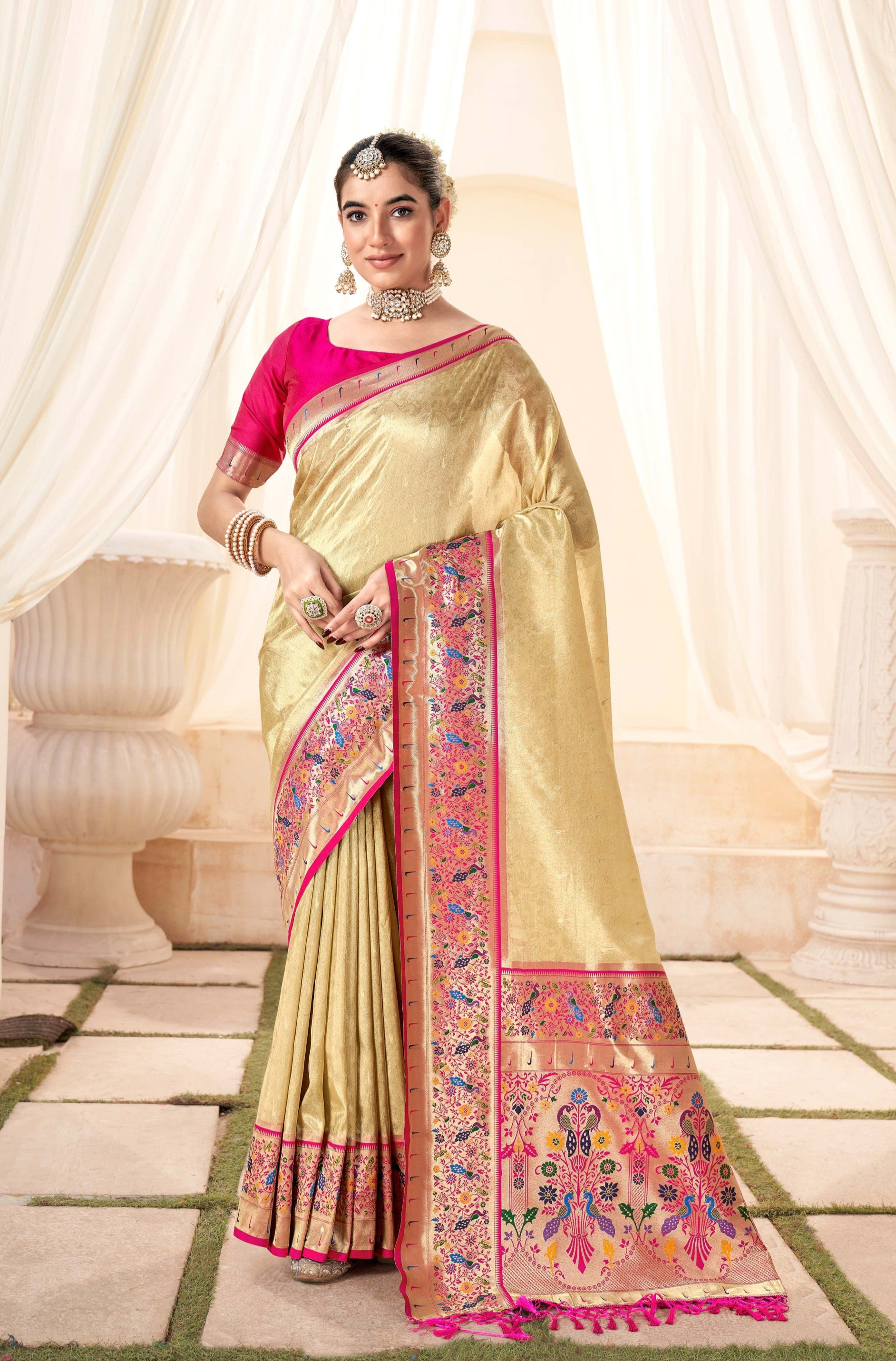 Elegant Beige Zari Woven Banarasi Silk Saree