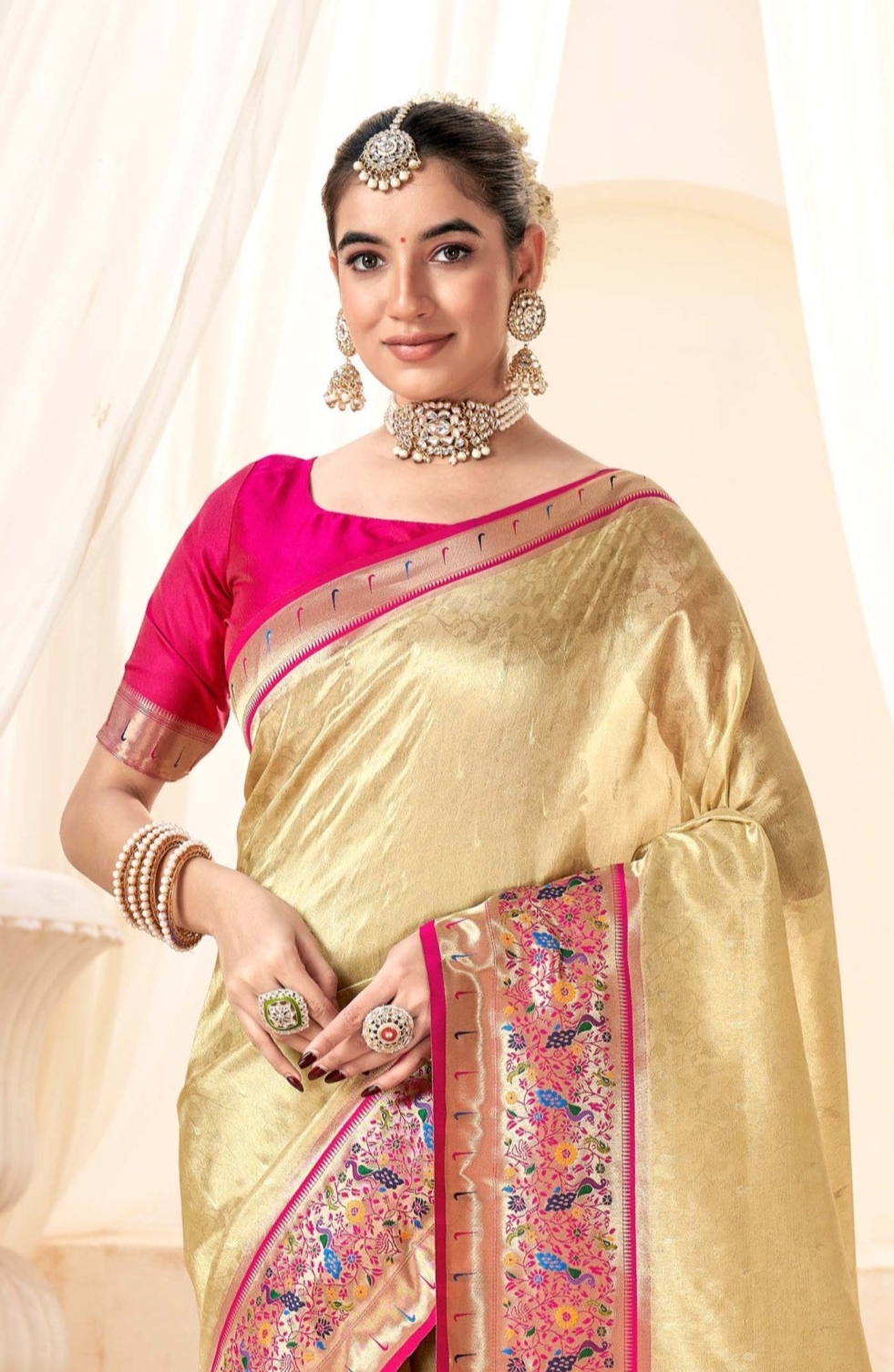 Elegant Beige Zari Woven Banarasi Silk Saree