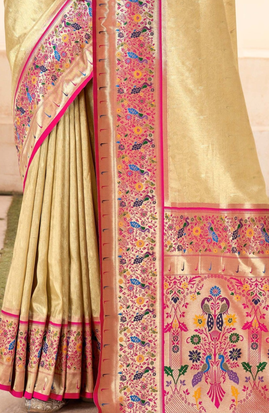 Elegant Beige Zari Woven Banarasi Silk Saree