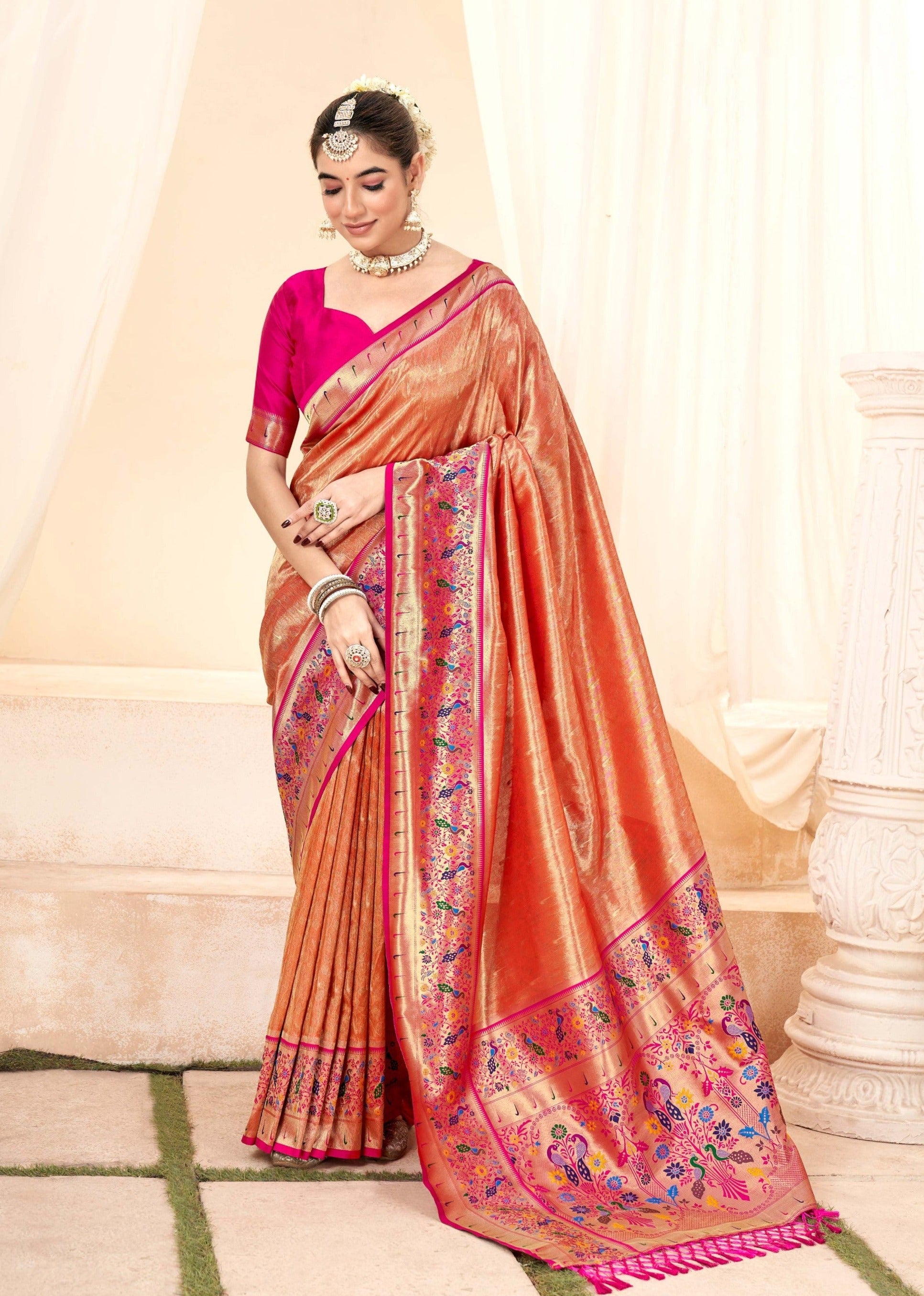 Elegant Peach Zari Woven Banarasi Silk Saree