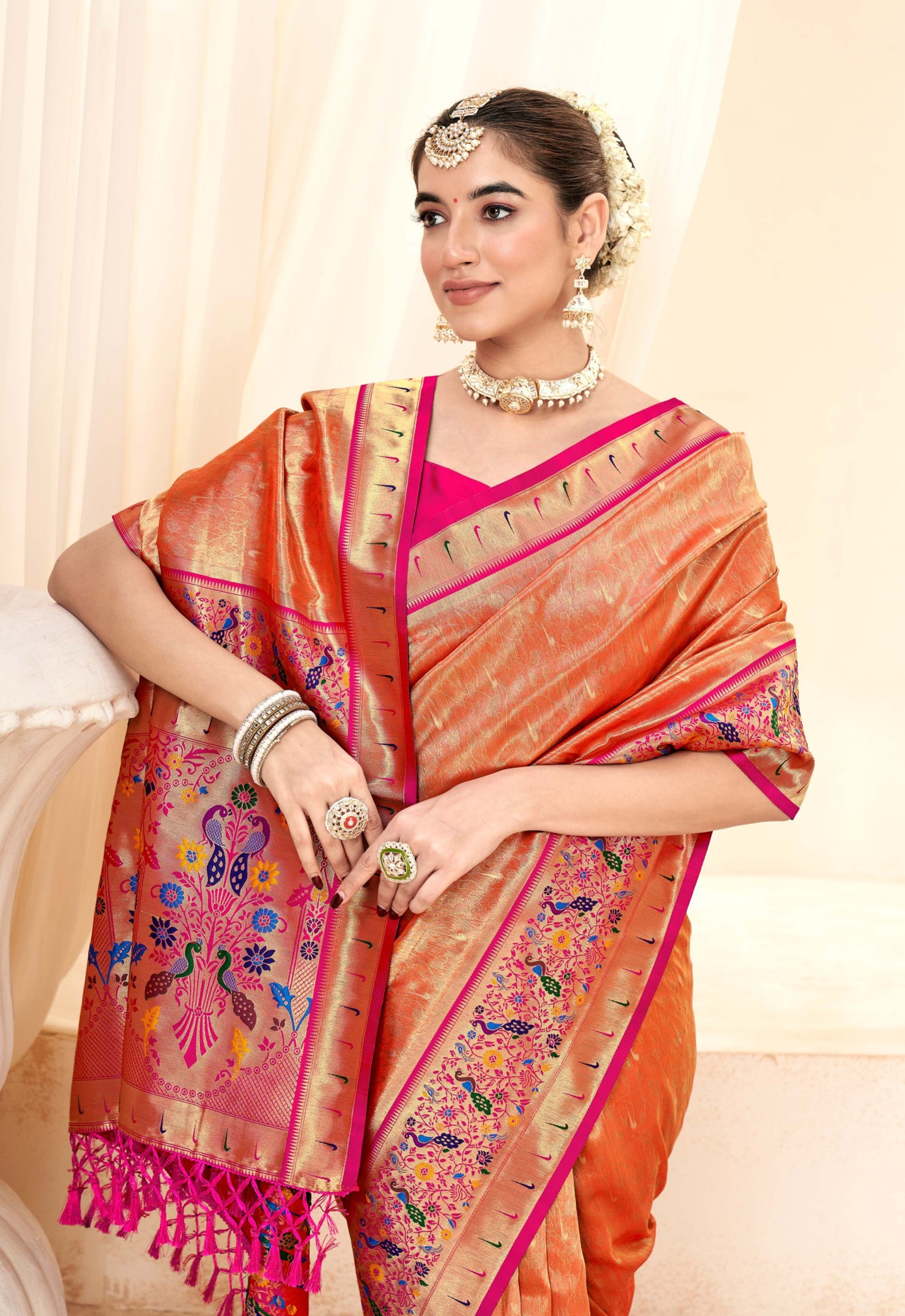 Elegant Peach Zari Woven Banarasi Silk Saree