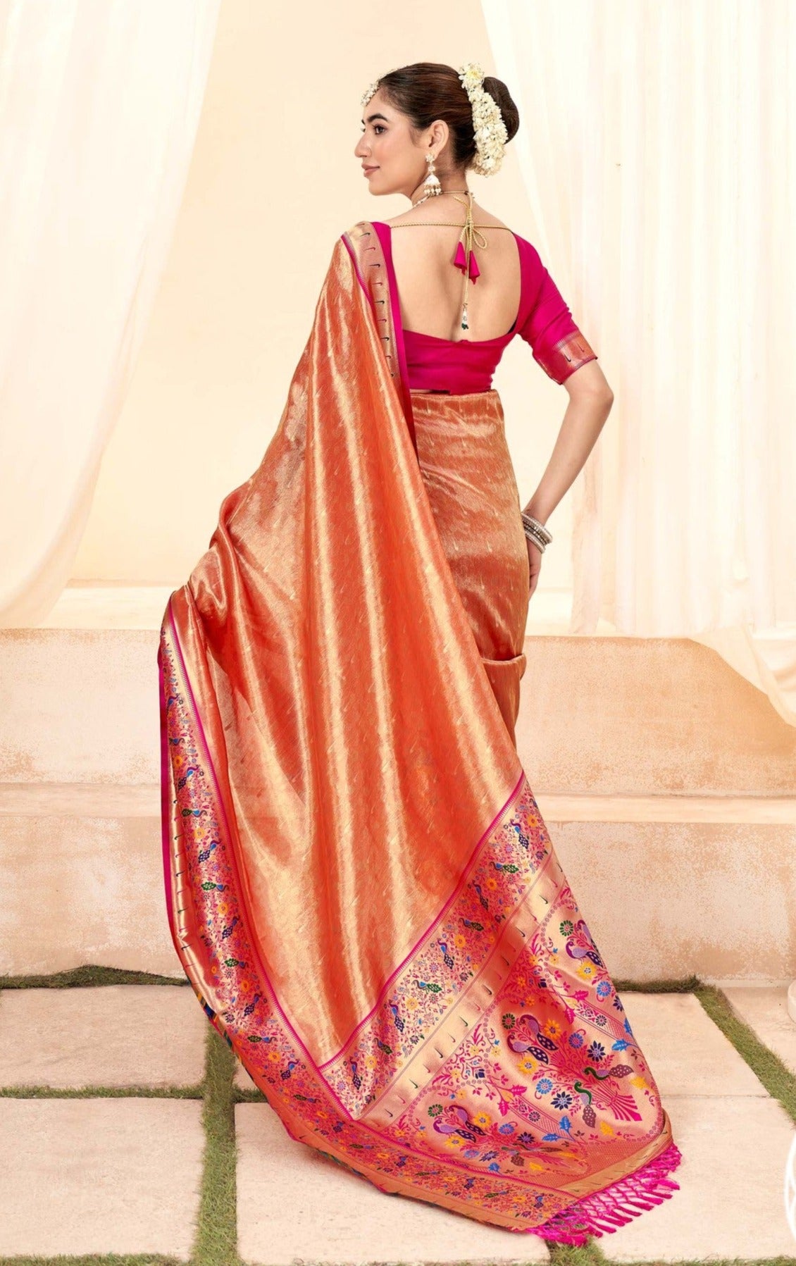 Elegant Peach Zari Woven Banarasi Silk Saree