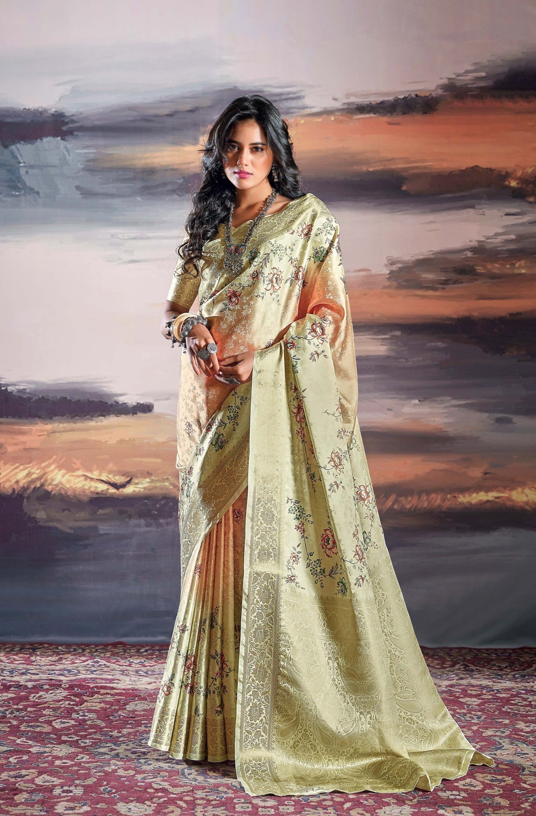 Ethereal Blossom Beige Satin Silk Saree