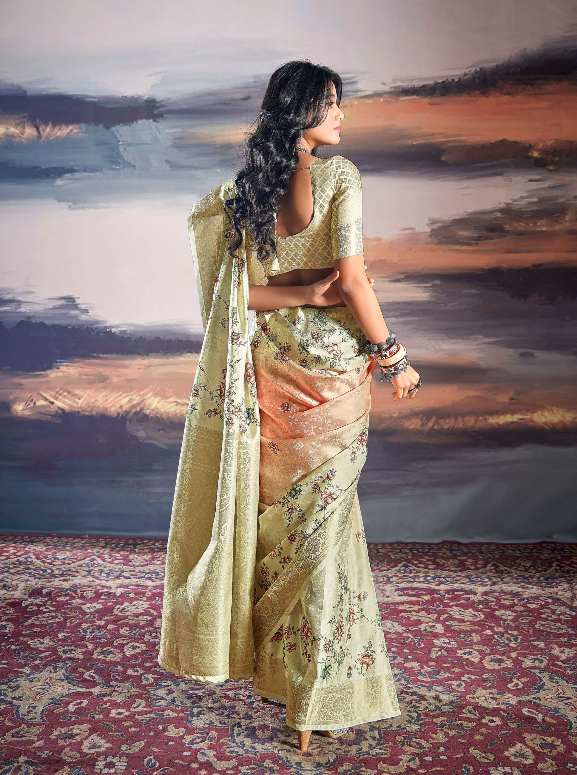 Ethereal Blossom Beige Satin Silk Saree