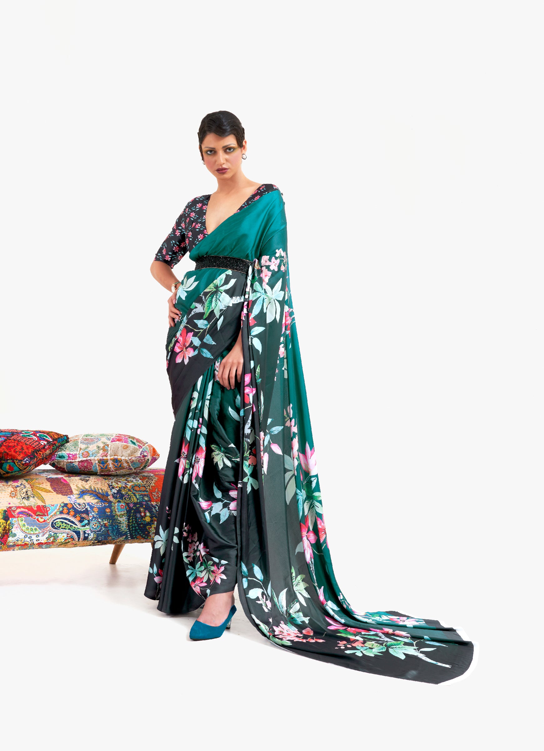 Enchanting Meadow Green Printed Satin Silk Saree