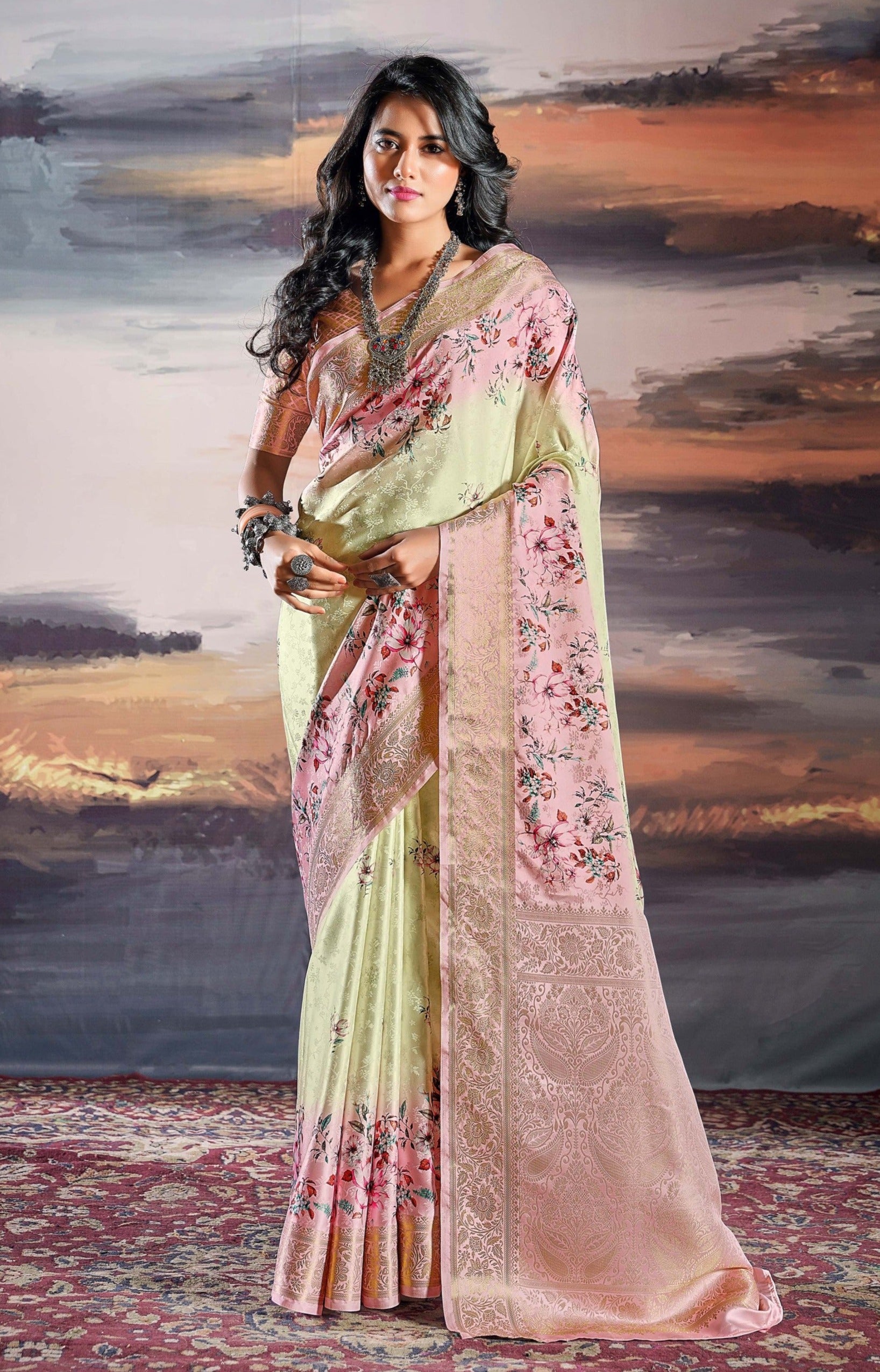 Royal Pink and Green Digital Floral Satin Silk Saree