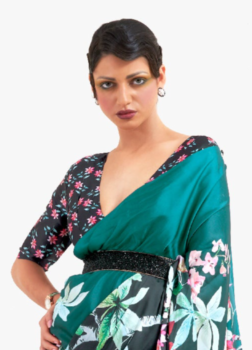 Enchanting Meadow Green Printed Satin Silk Saree