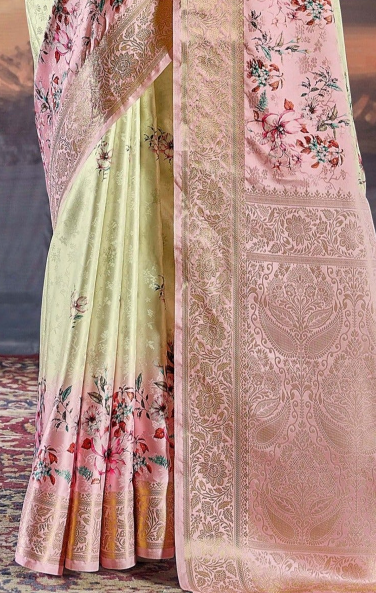 Royal Pink and Green Digital Floral Satin Silk Saree