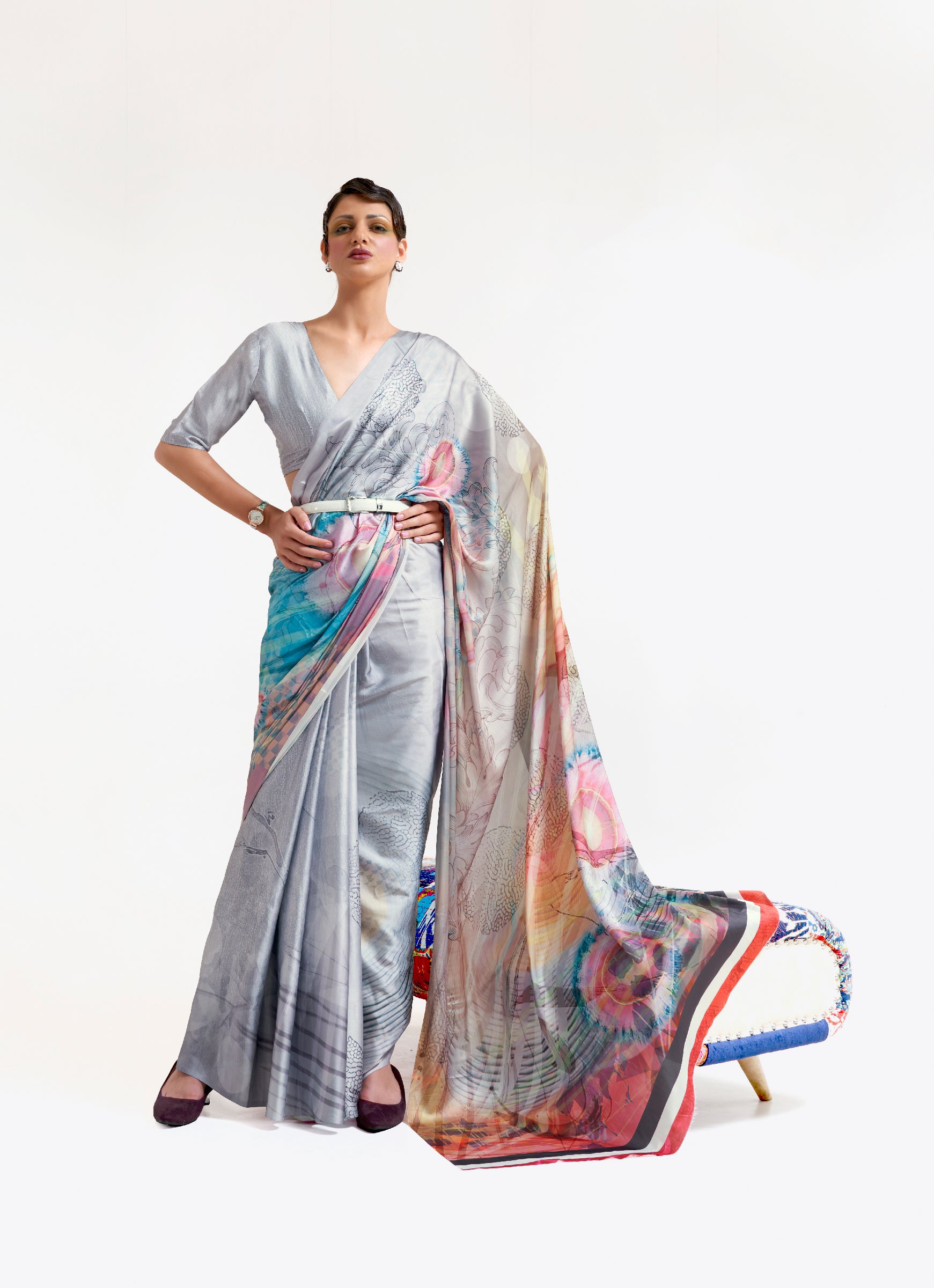 Grey Mist Multicoloured Printed Satin Silk Saree