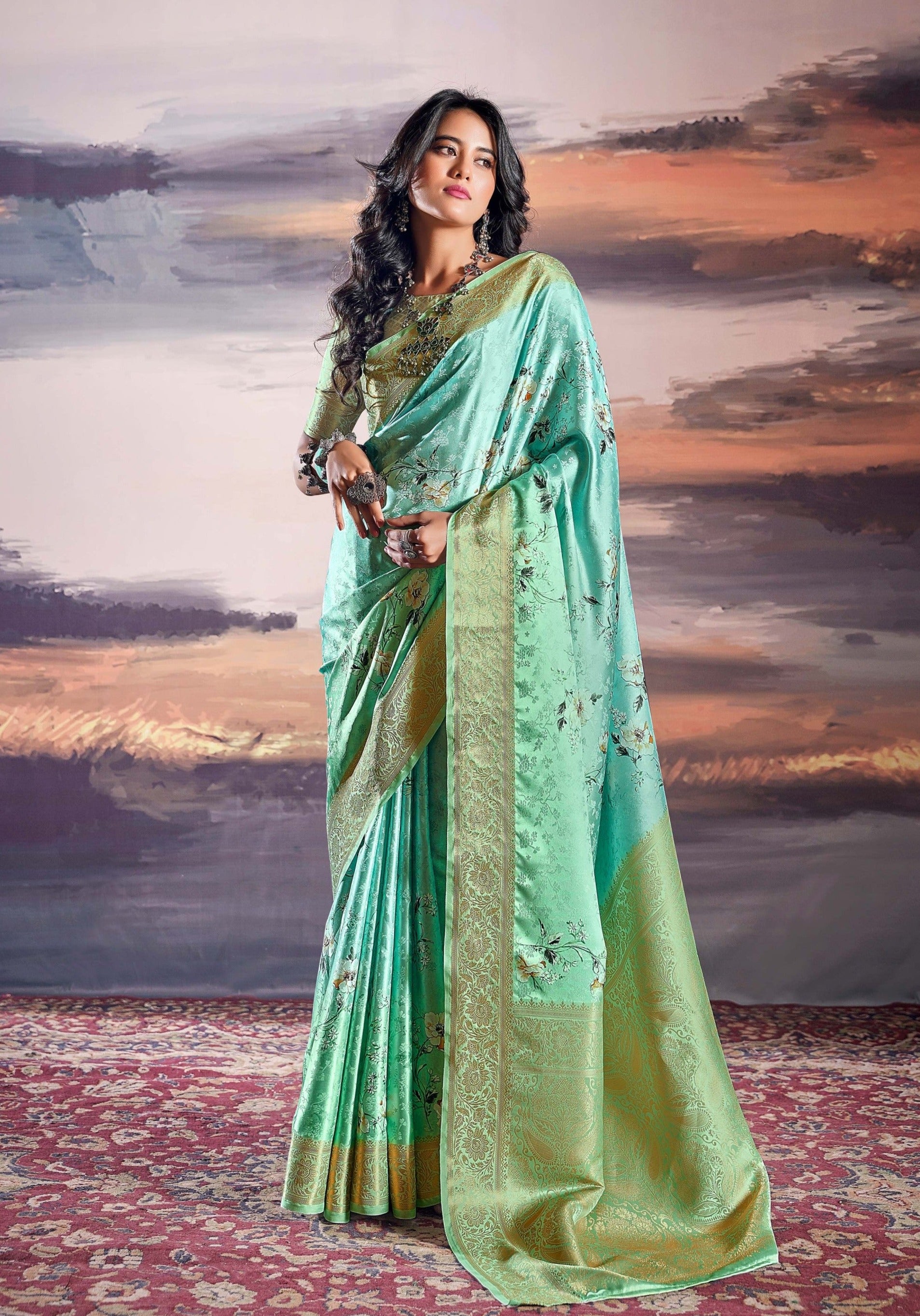 Sea Green Digital Floral Printed Pure Satin Silk Saree