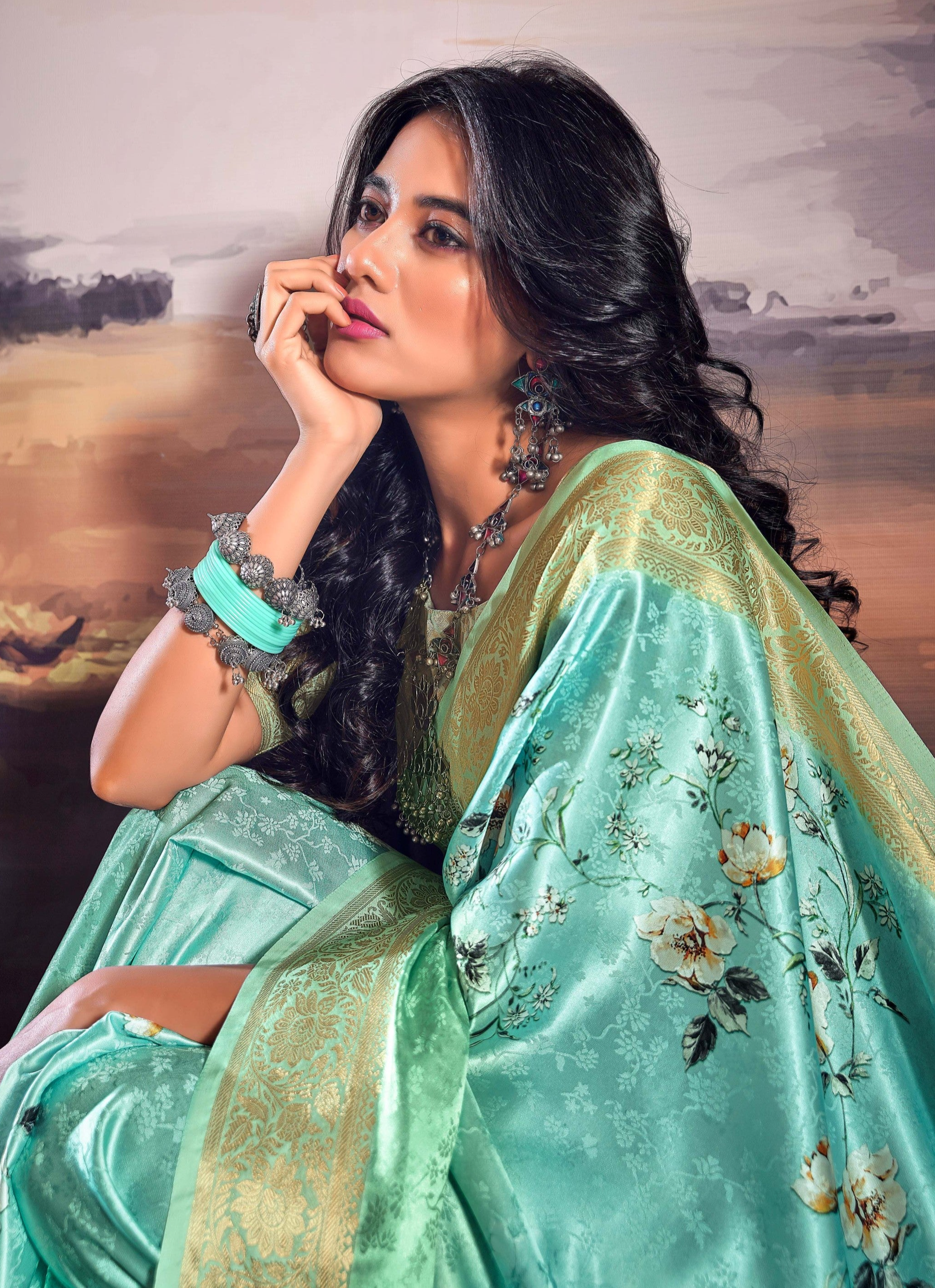 Sea Green Digital Floral Printed Pure Satin Silk Saree