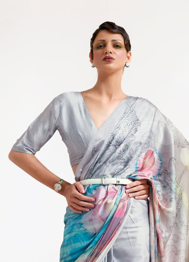 Grey Mist Multicoloured Printed Satin Silk Saree