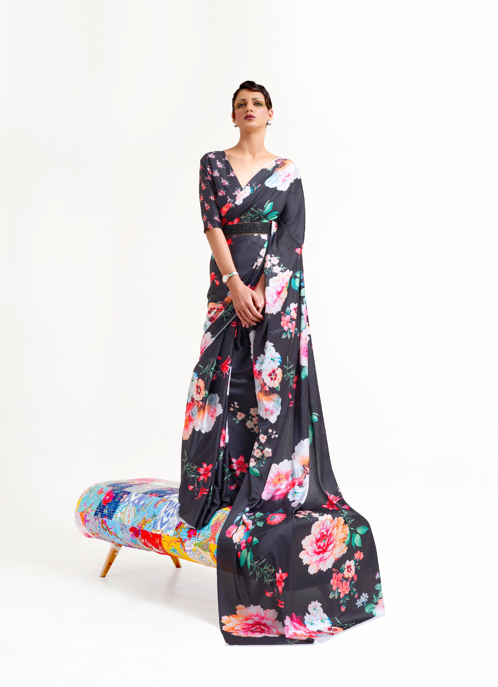 Black Prism Multicoloured Printed Satin Silk Saree