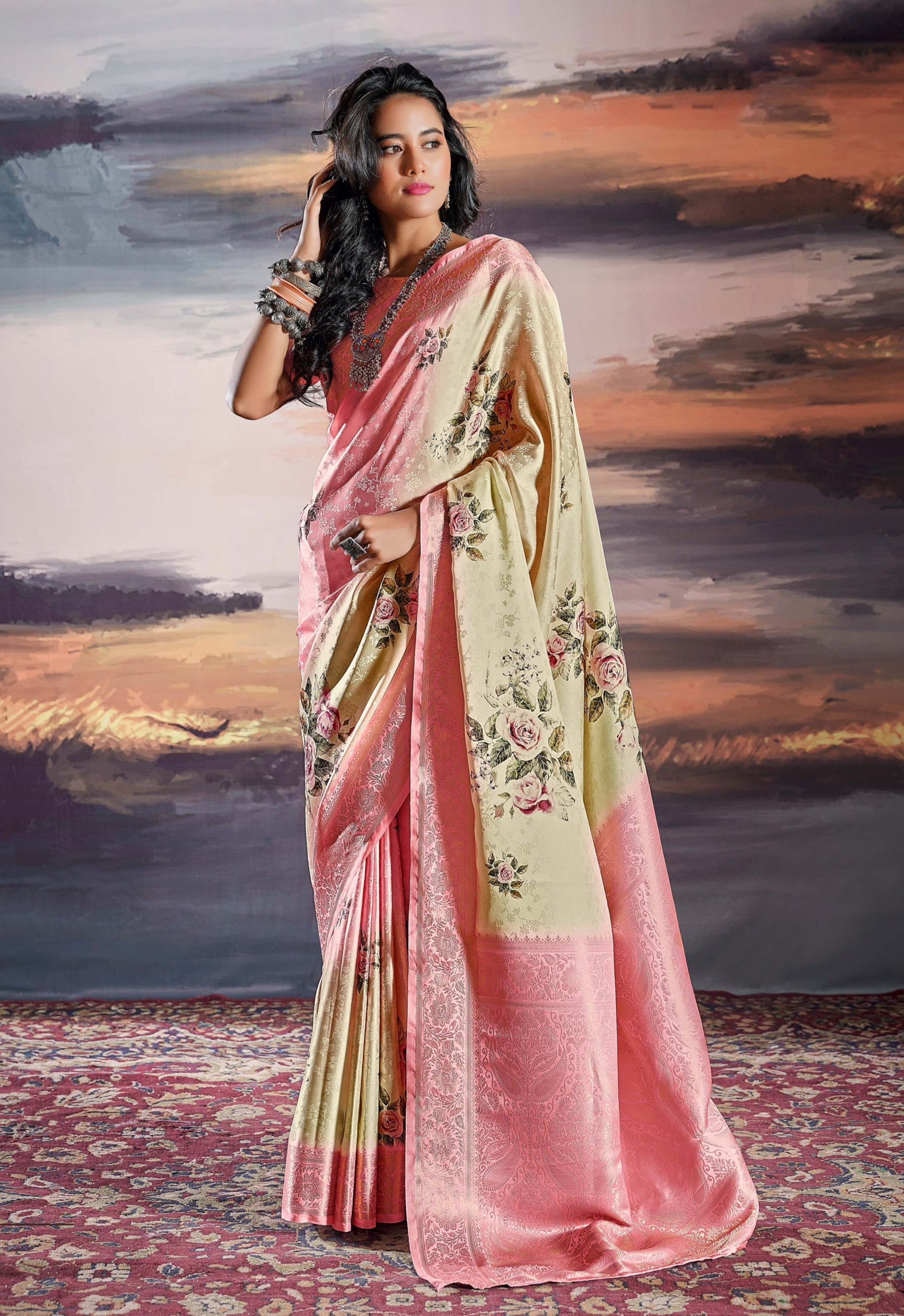 Thistle Pink & Cream Digital Floral Printed Pure Satin Silk Saree