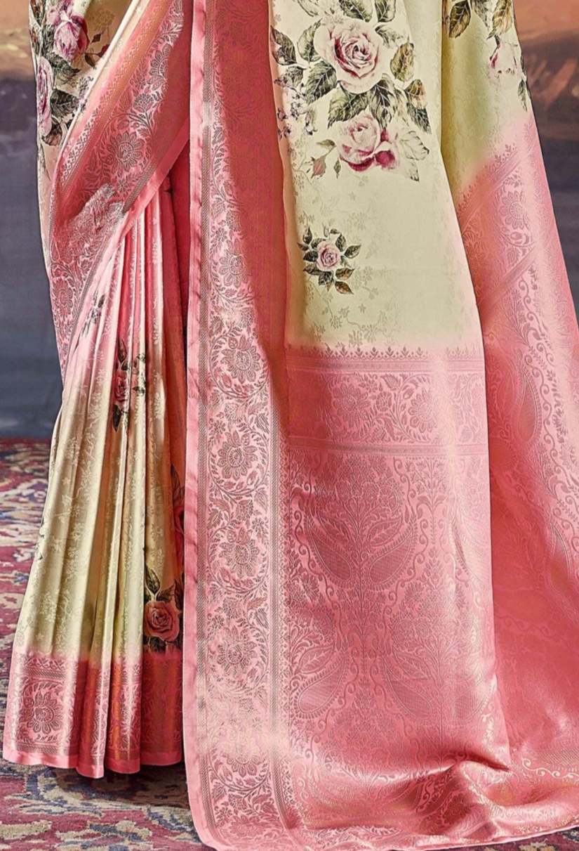 Thistle Pink & Cream Digital Floral Printed Pure Satin Silk Saree