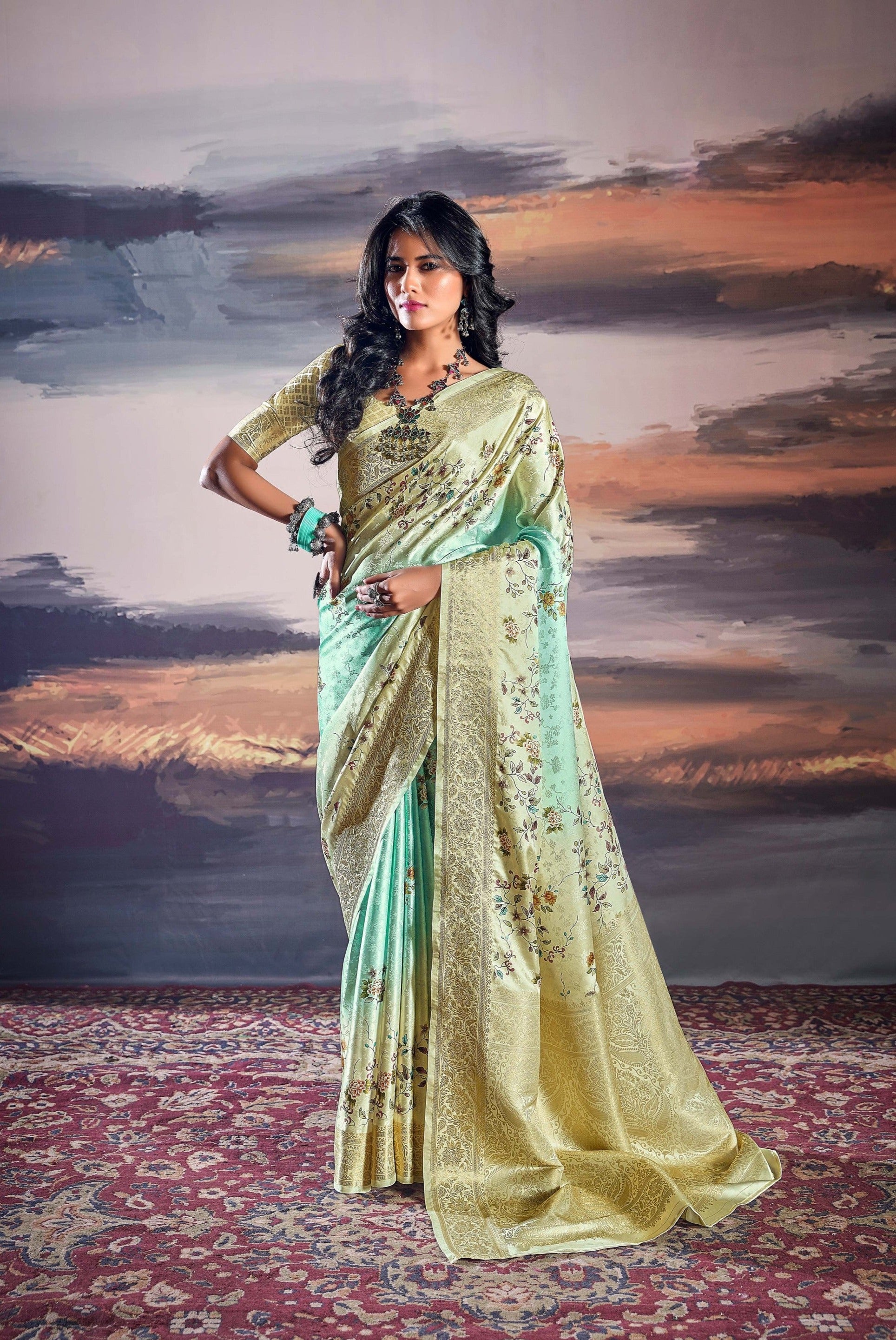 Shaded Turquoise Digital Floral Printed Pure Satin Silk Saree