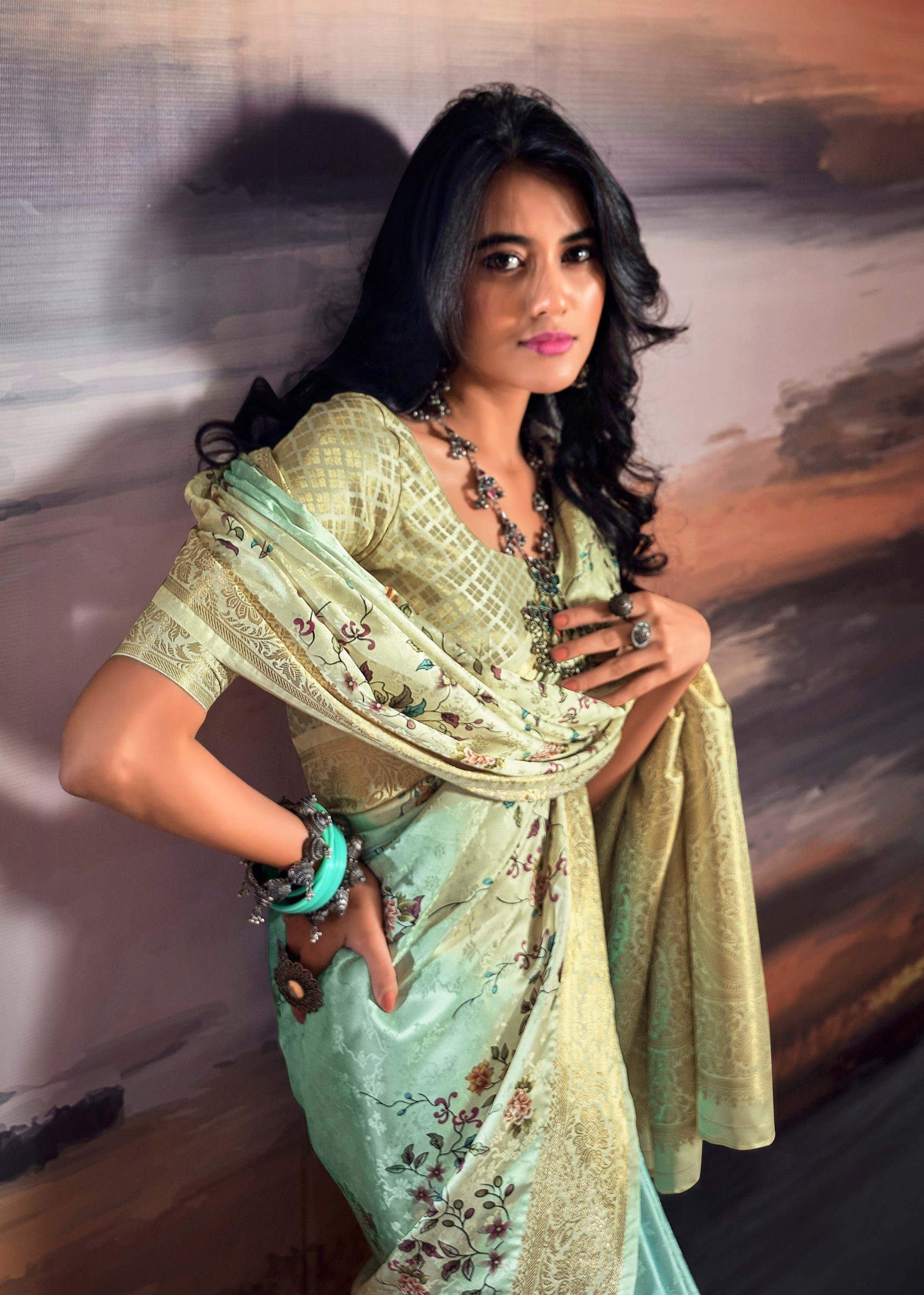 Shaded Turquoise Digital Floral Printed Pure Satin Silk Saree