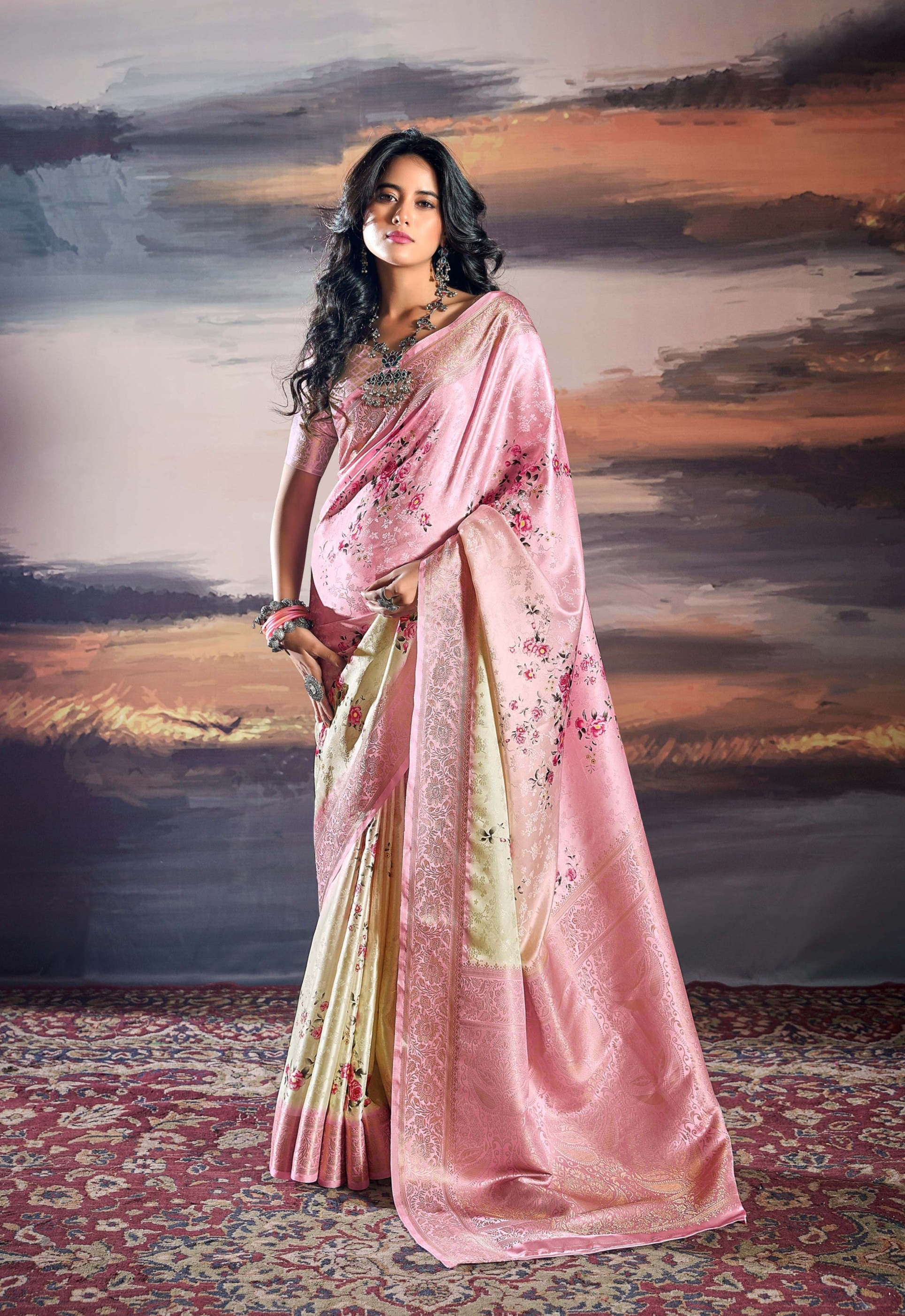 Cupid Blush Digital Floral Satin Silk Saree