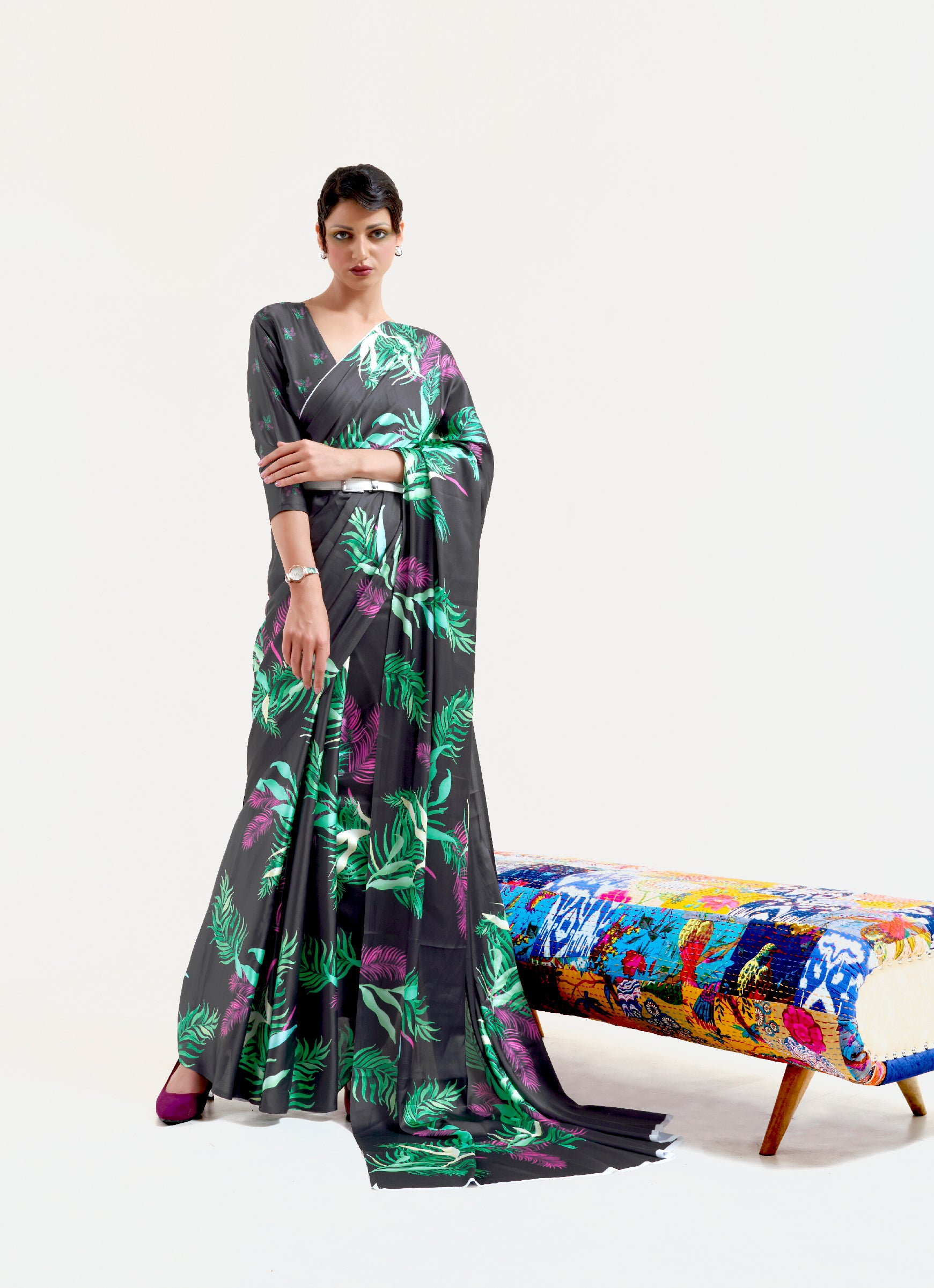 Grey Elegance: Printed Satin Silk Saree for Effortless Glamour